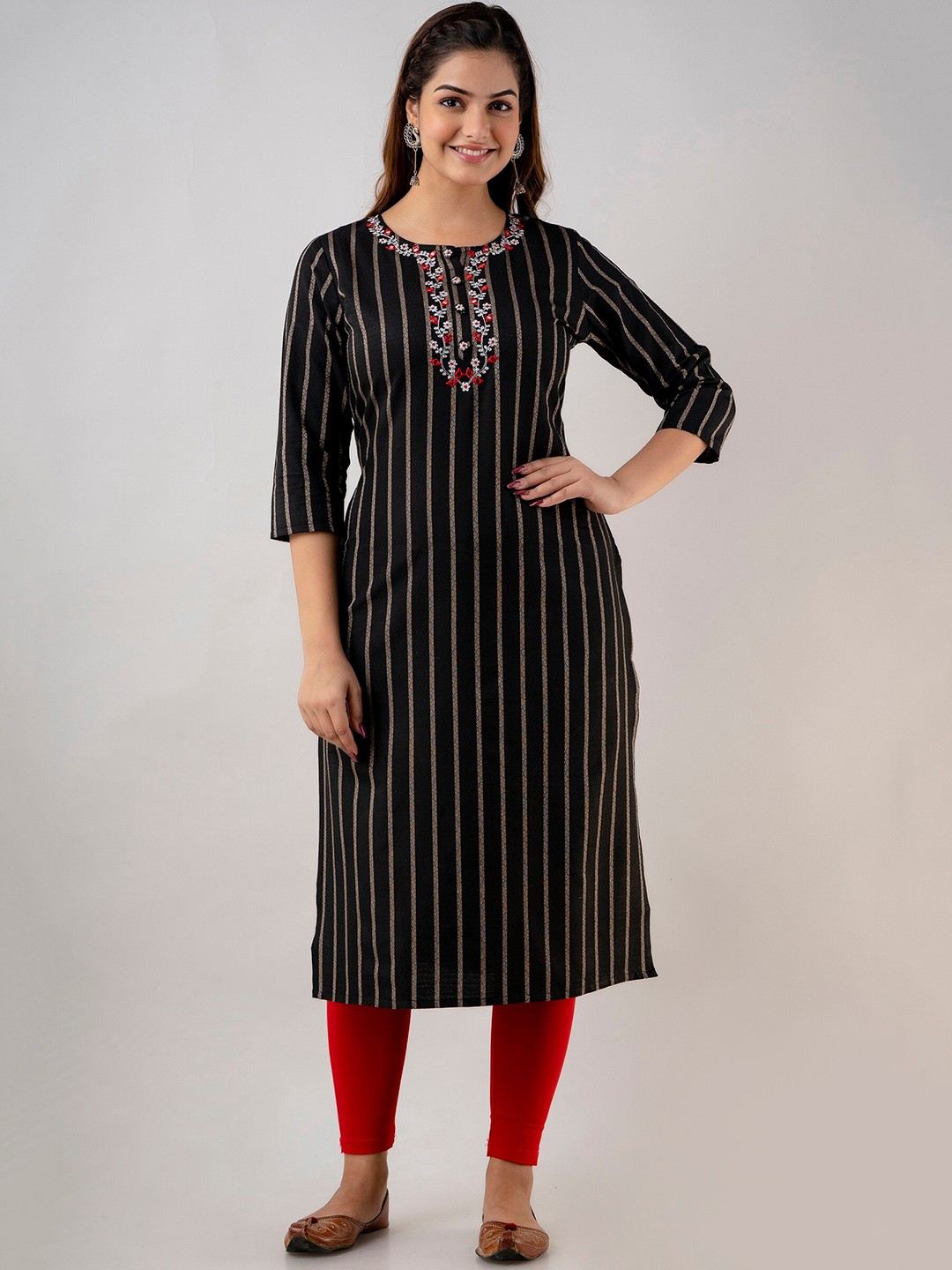 

CKM Thread Work Striped Cotton Straight Kurta, Black