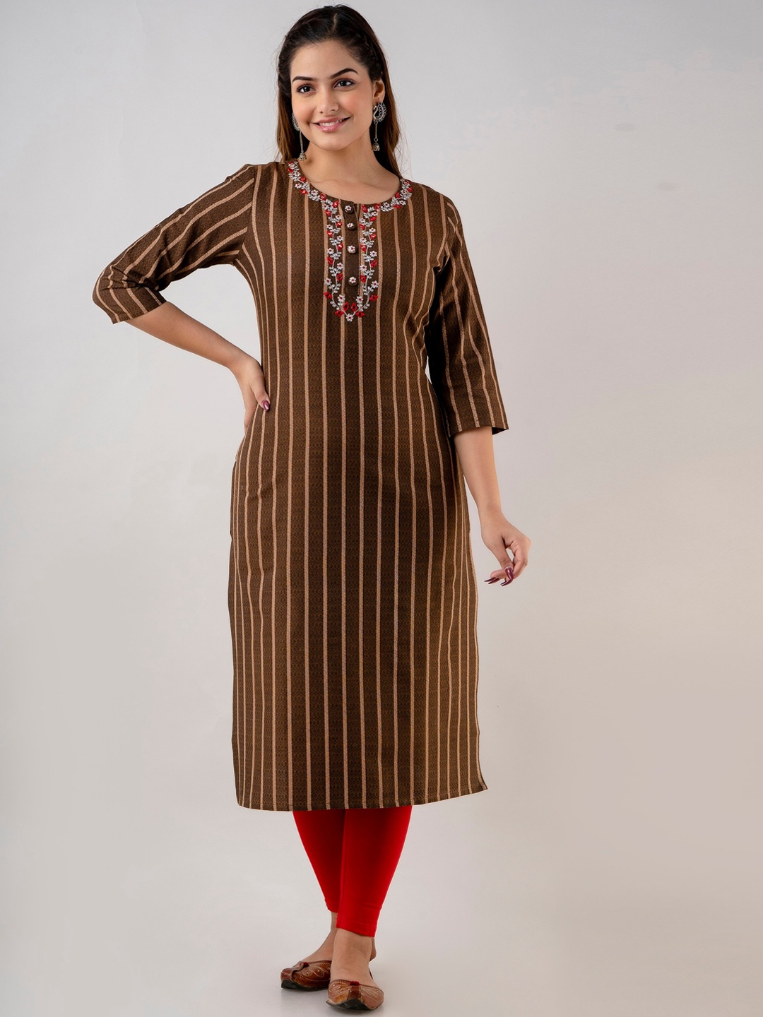 

CKM Women Brown Striped Thread Work Kurta