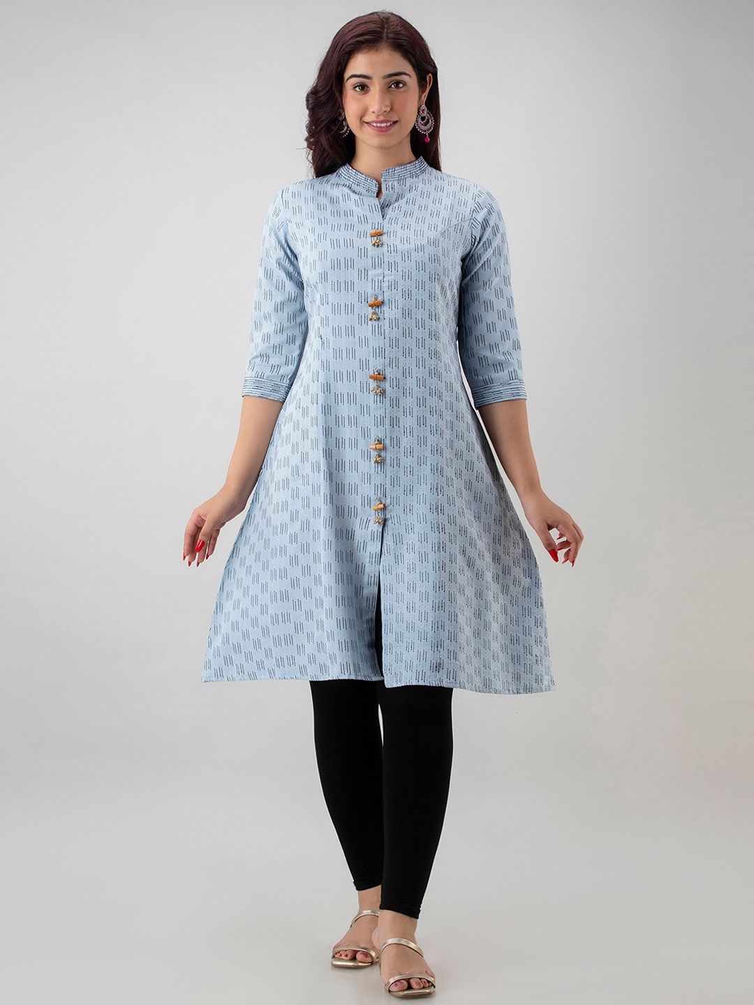 

CKM Striped Cotton A-Line Mandarin Collar Kurta, Turquoise blue