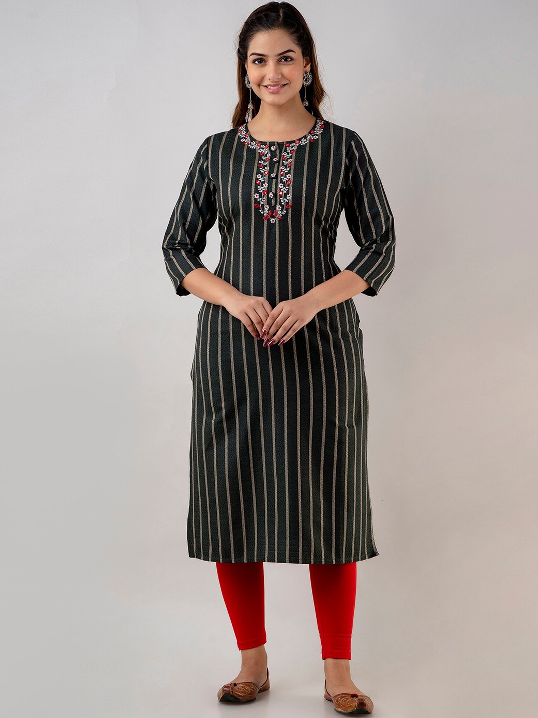 

CKM Striped Thread Work Straight Regular Kurta, Green