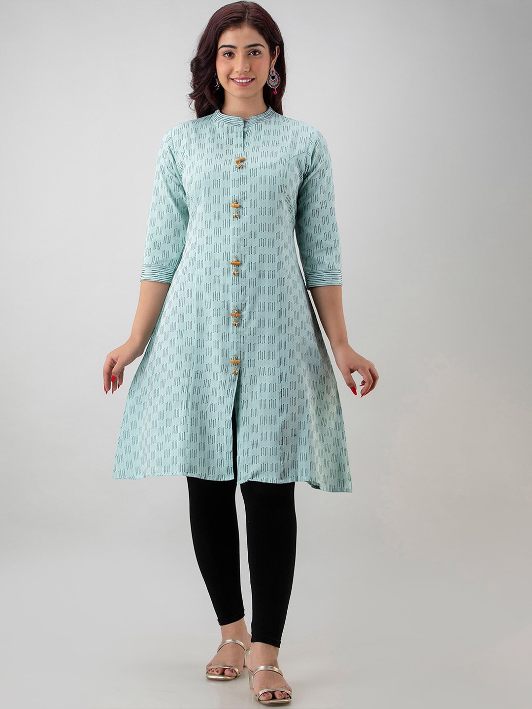 

CKM Striped A-Line Mandarin Collar Cotton Kurta, Sea green