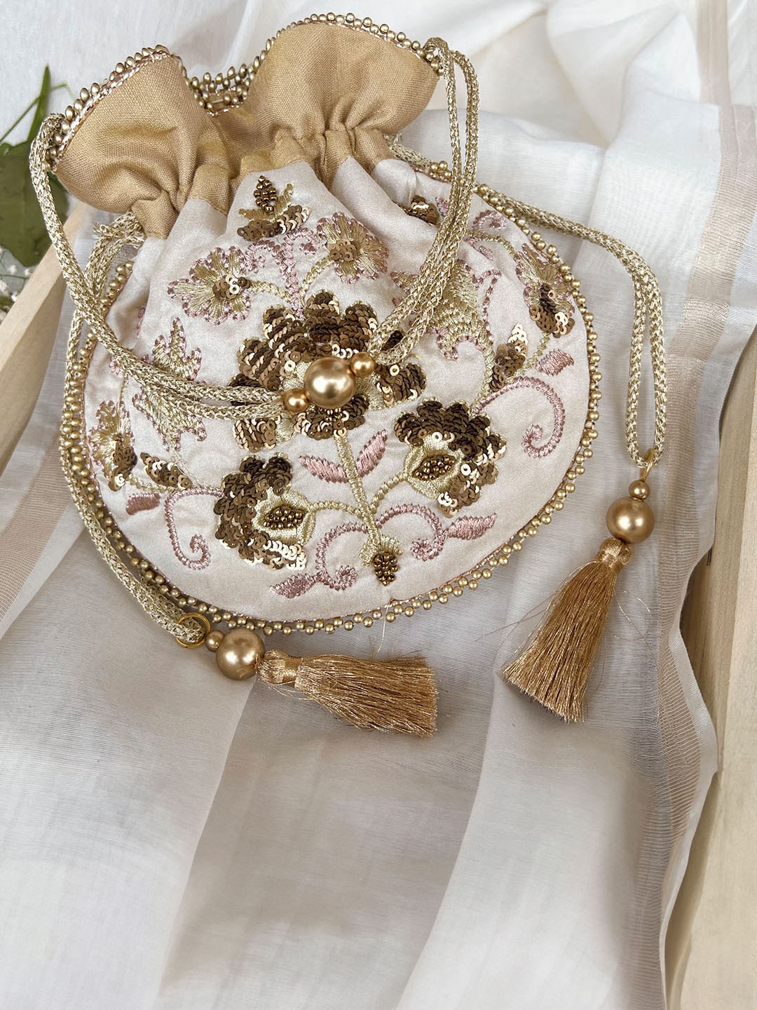 

MASQ Beige & Gold-Toned Embroidered Potli Clutch