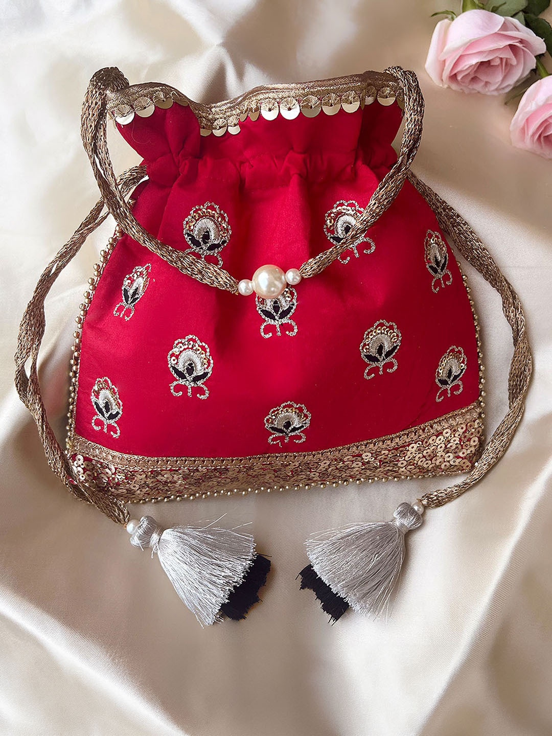 

MASQ Red & White Embroidered Potli Clutch