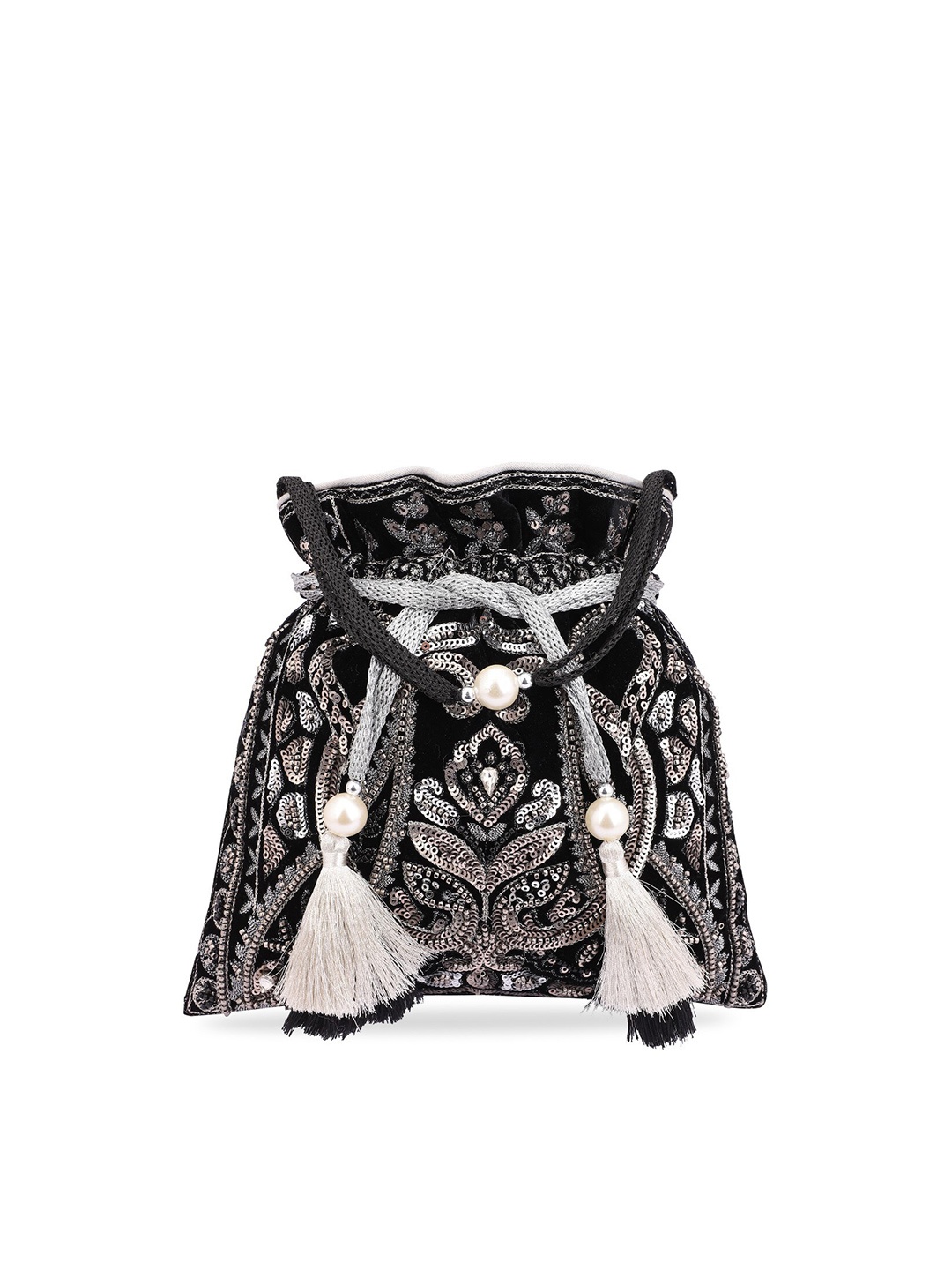 

MASQ Black & Silver-Toned Embellished Potli Clutch