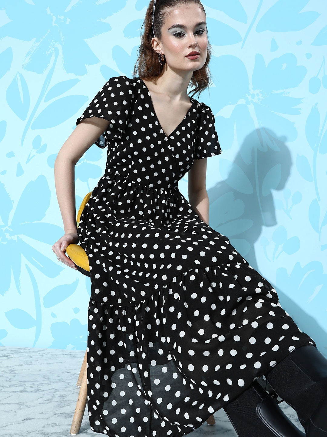 

Dressberry Jet Black Polka Dot Print Sarong Wraps Flared Sleeve Midi Dress