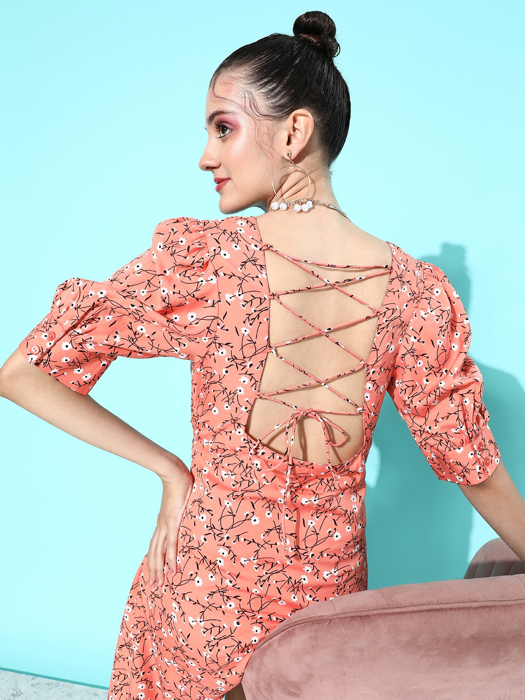 

Dressberry Sweetheart Neck Styled Back Floral Printed A-Line Dress, Peach