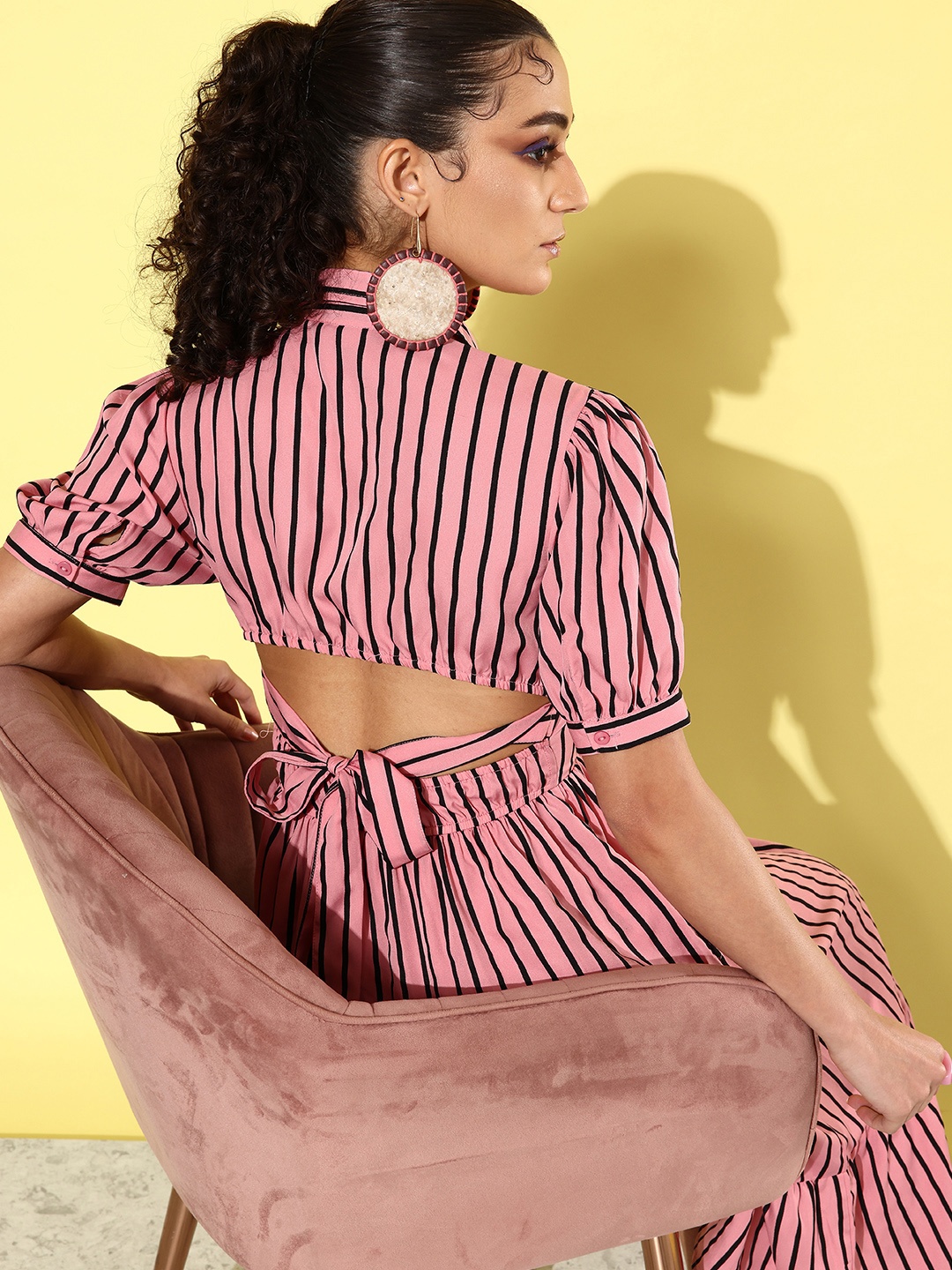 

Dressberry Striped Puff Sleeve Shirt Style Midi Dress, Pink