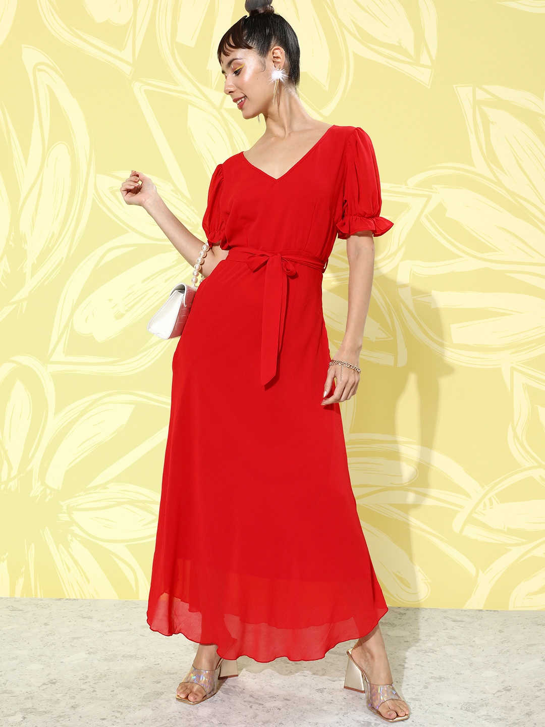 

DressBerry Bright Red Puff Sleeve Vacay Chill Sundress A-Line Maxi Dress