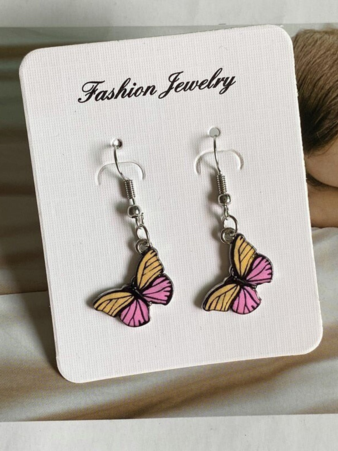 

Pinapes Pack Of 2 Gold Plated Red & Yellow Butter Fly Drop Earrings, Silver