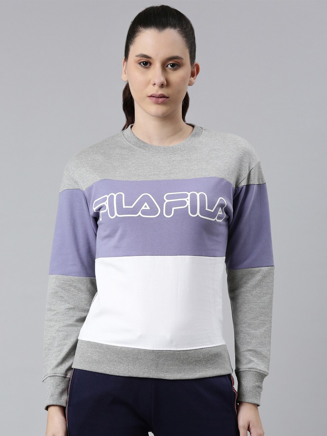 

FILA Women Grey Melange Colourblocked Sweatshirt