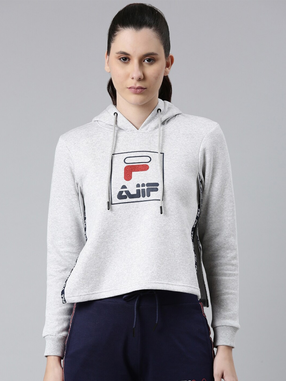 

FILA Women Grey Printed Hooded Sweatshirt