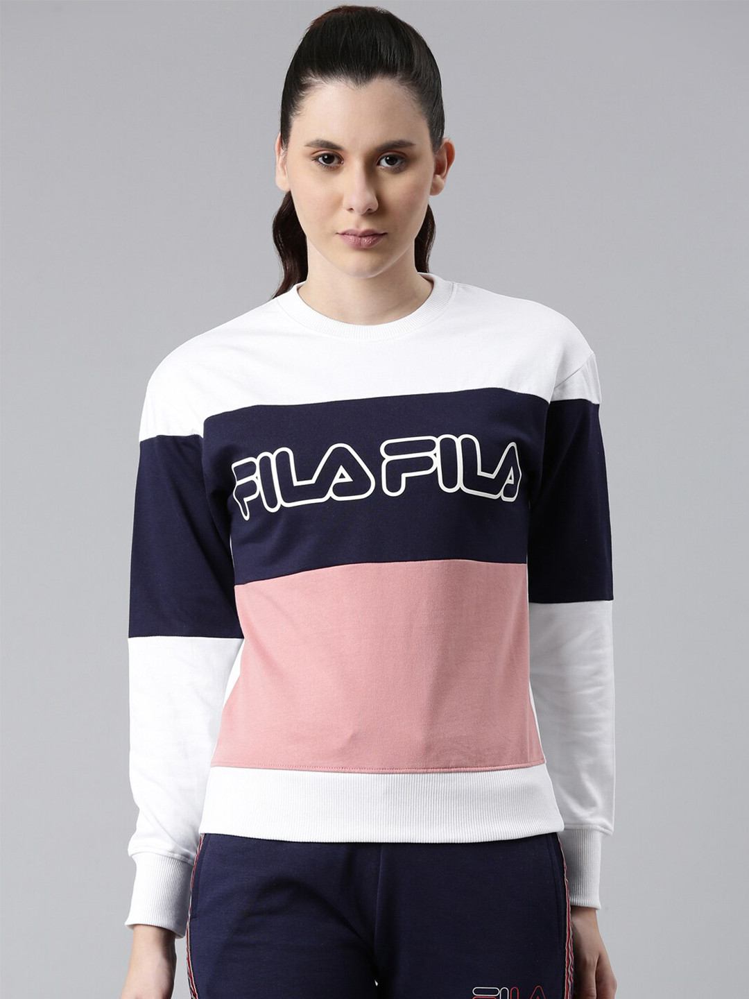 

FILA Women White & Navy Blue Colourblocked Sweatshirt