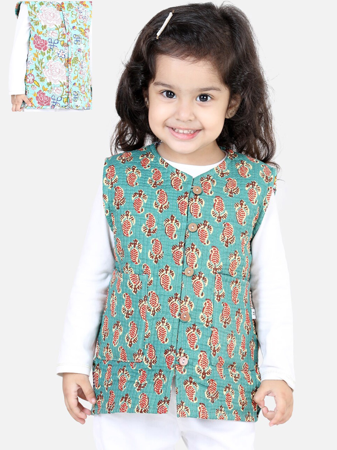 

BownBee Girls Green Floral Printed Reversible Tailored Jacket