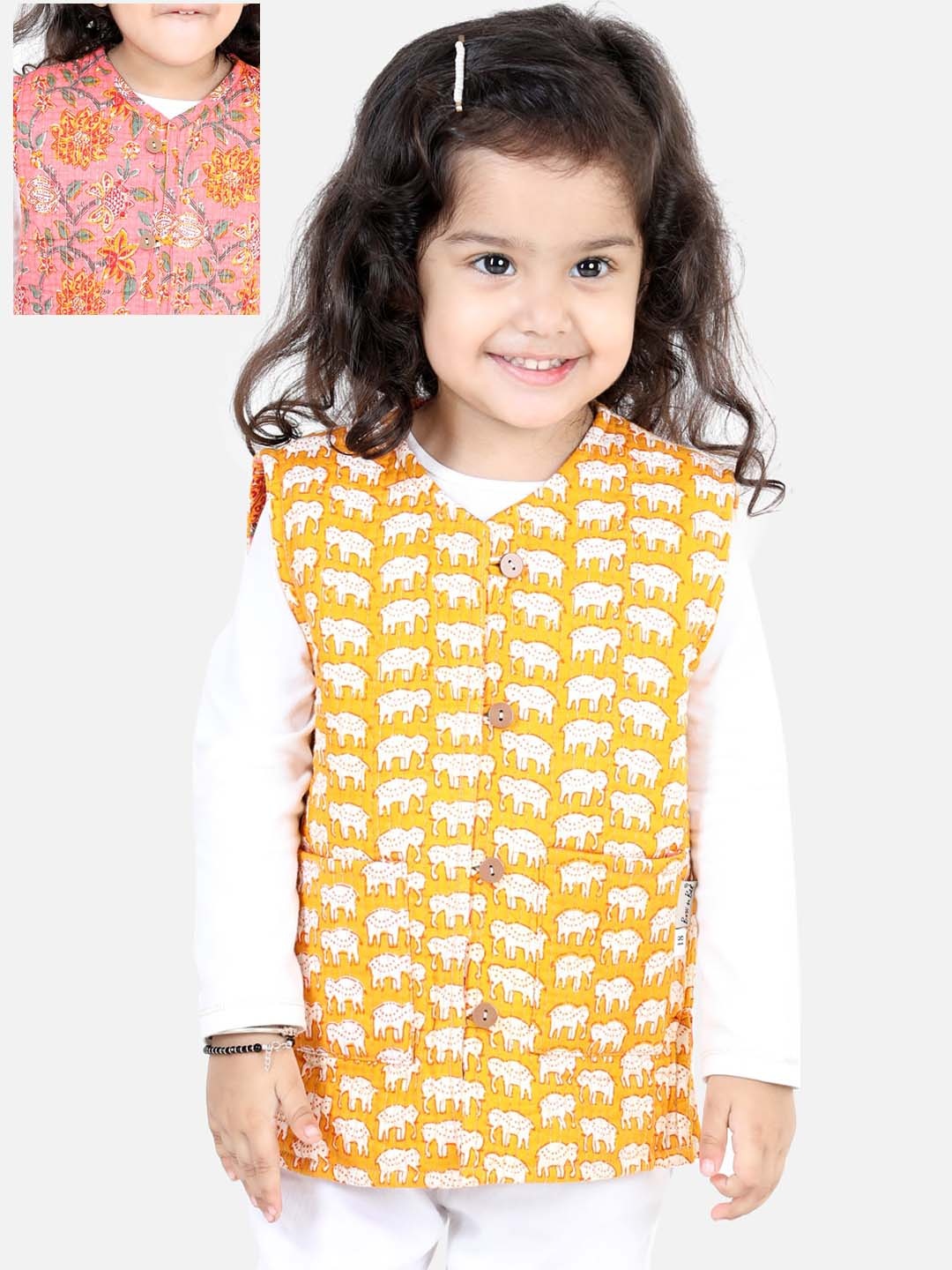 

BownBee Girls Yellow Floral Printed Reversible Tailored Jacket