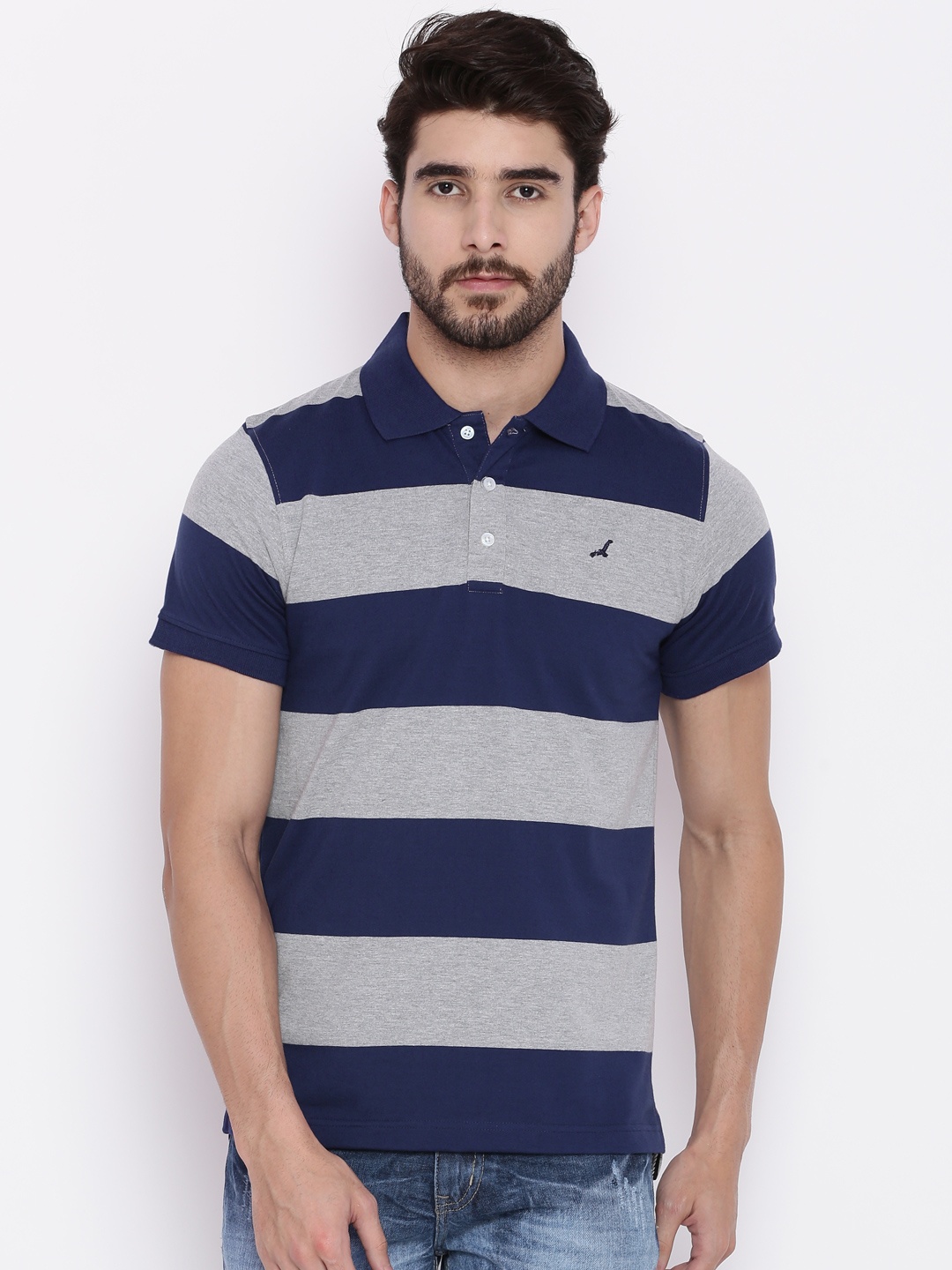 

American Crew Men Blue & Grey Melange Striped Polo Collar T-shirt