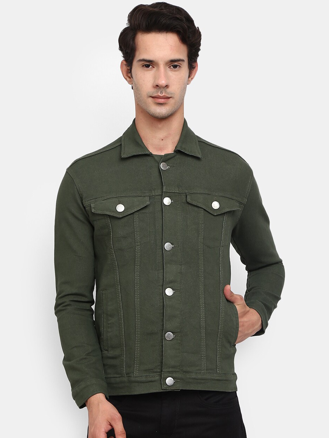 

V-Mart Men Olive Green Regular Denim Jacket