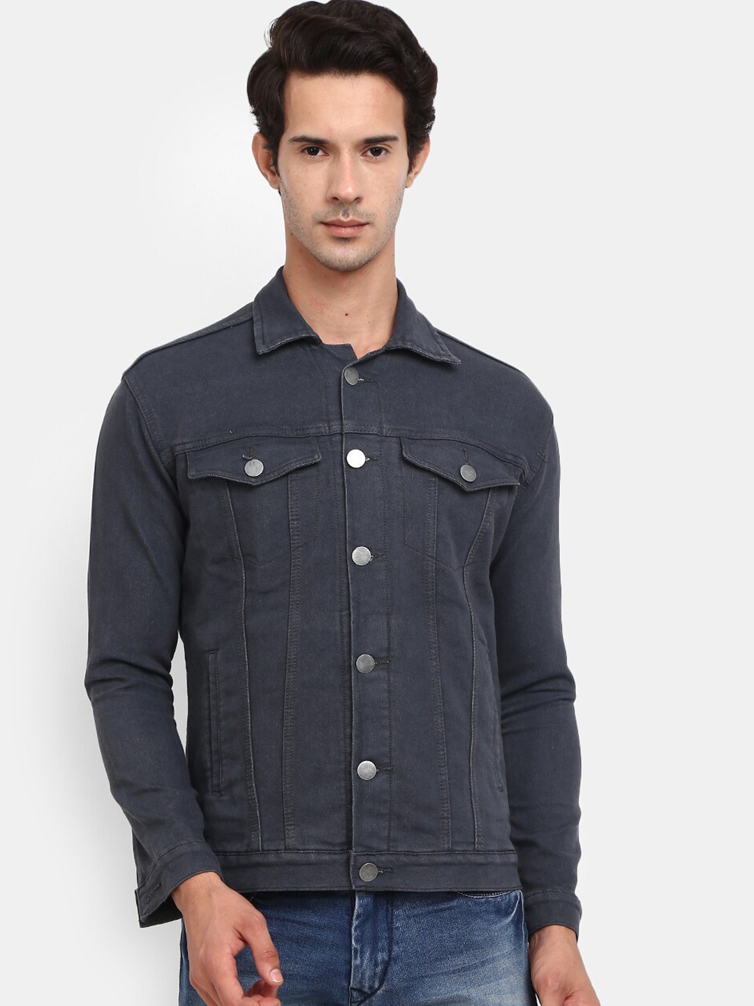 

V-Mart Men Grey Solid Regular Denim Jacket