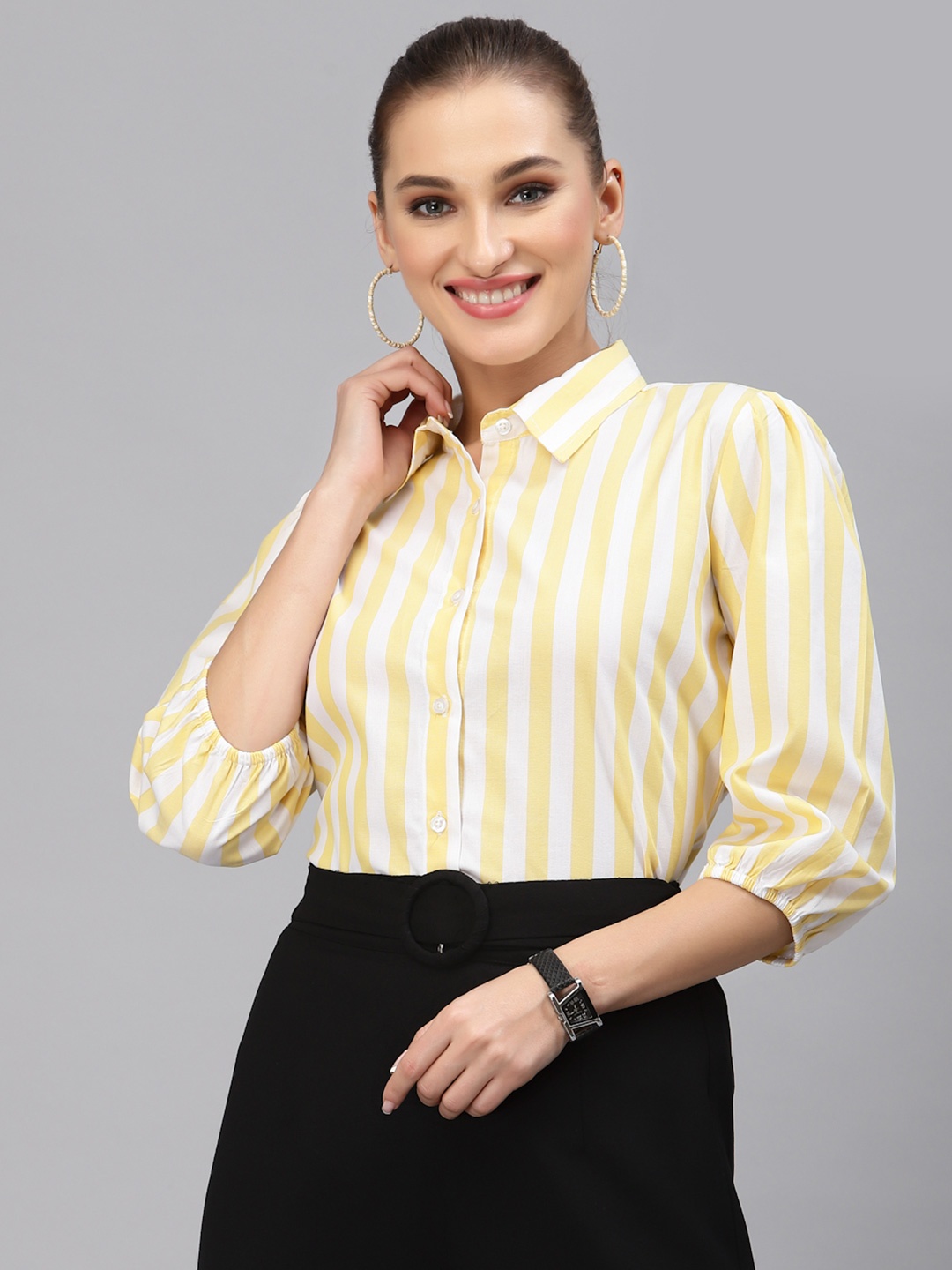 

Style Quotient Women White & Yellow Smart Striped Casual Shirt