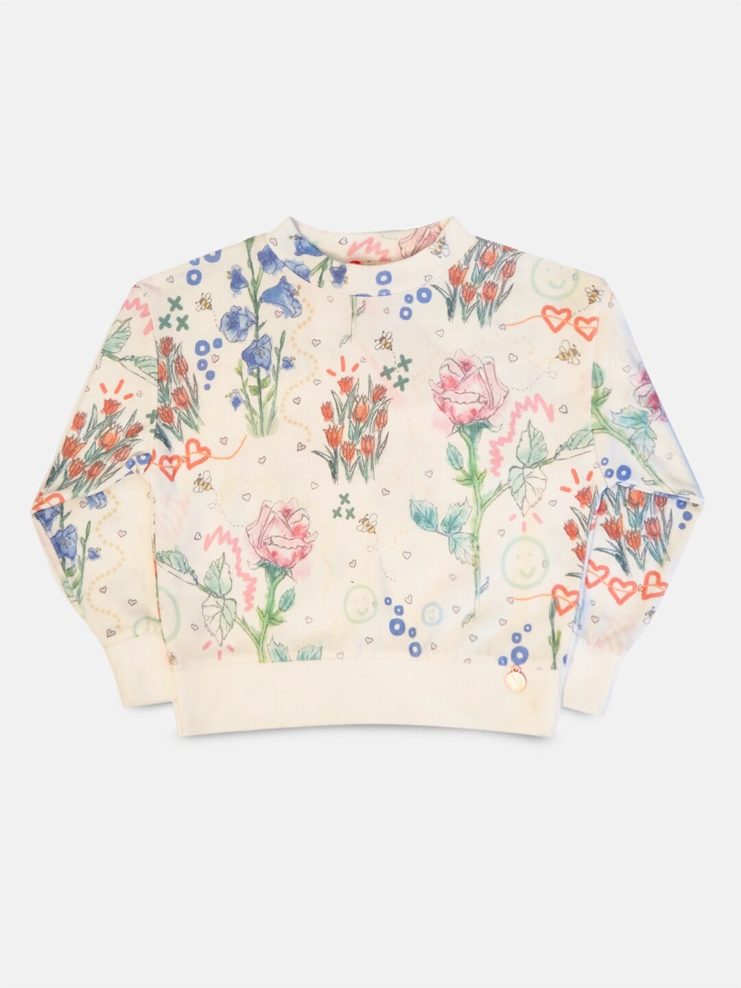 

Angel & Rocket Girls Cream-Coloured & Orange Floral Printed Pullover