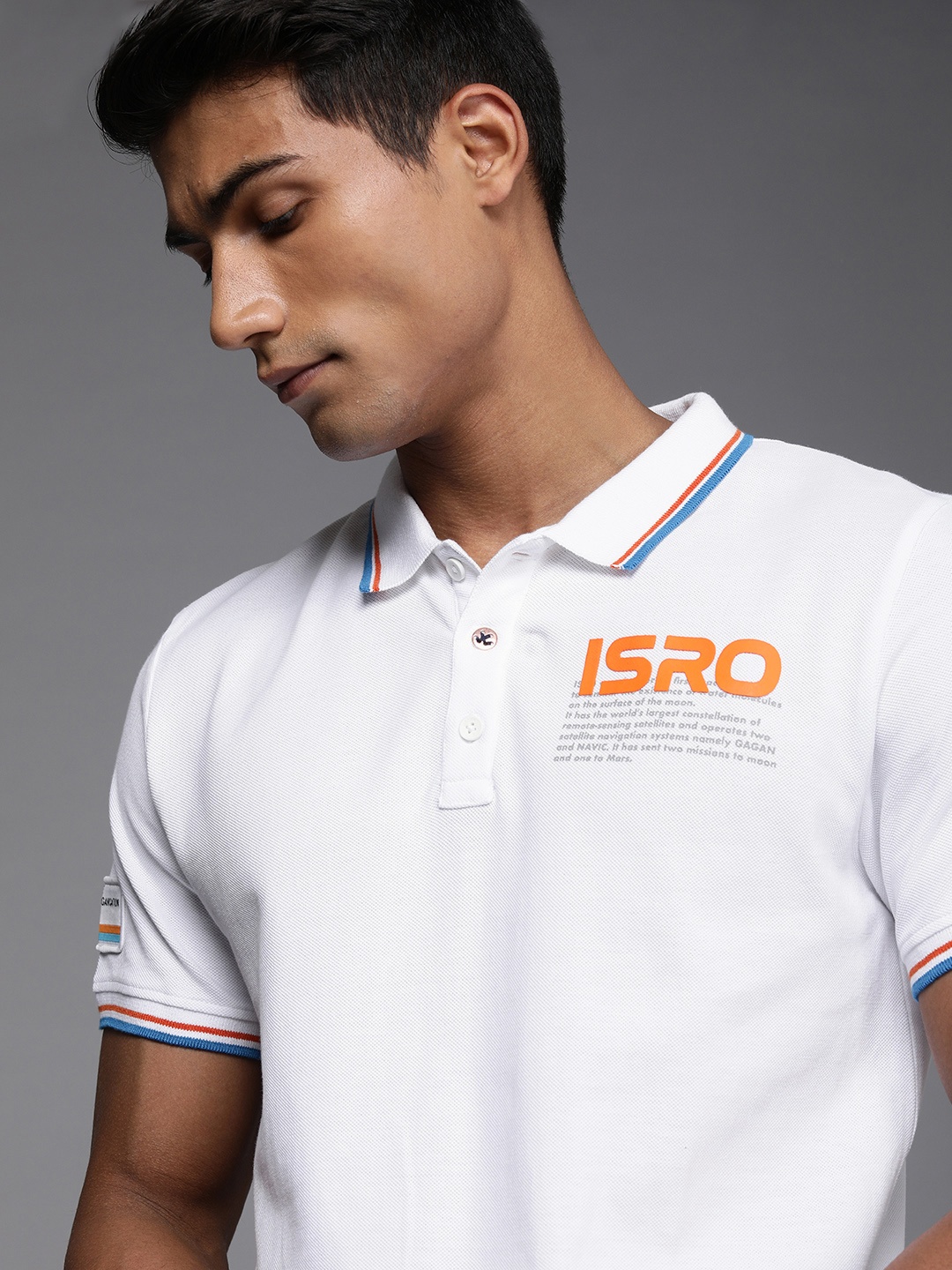 

WRONG X ISRO by A47 Men White Pure Cotton Typography Printed Polo Collar Applique Slim Fit T-shirt