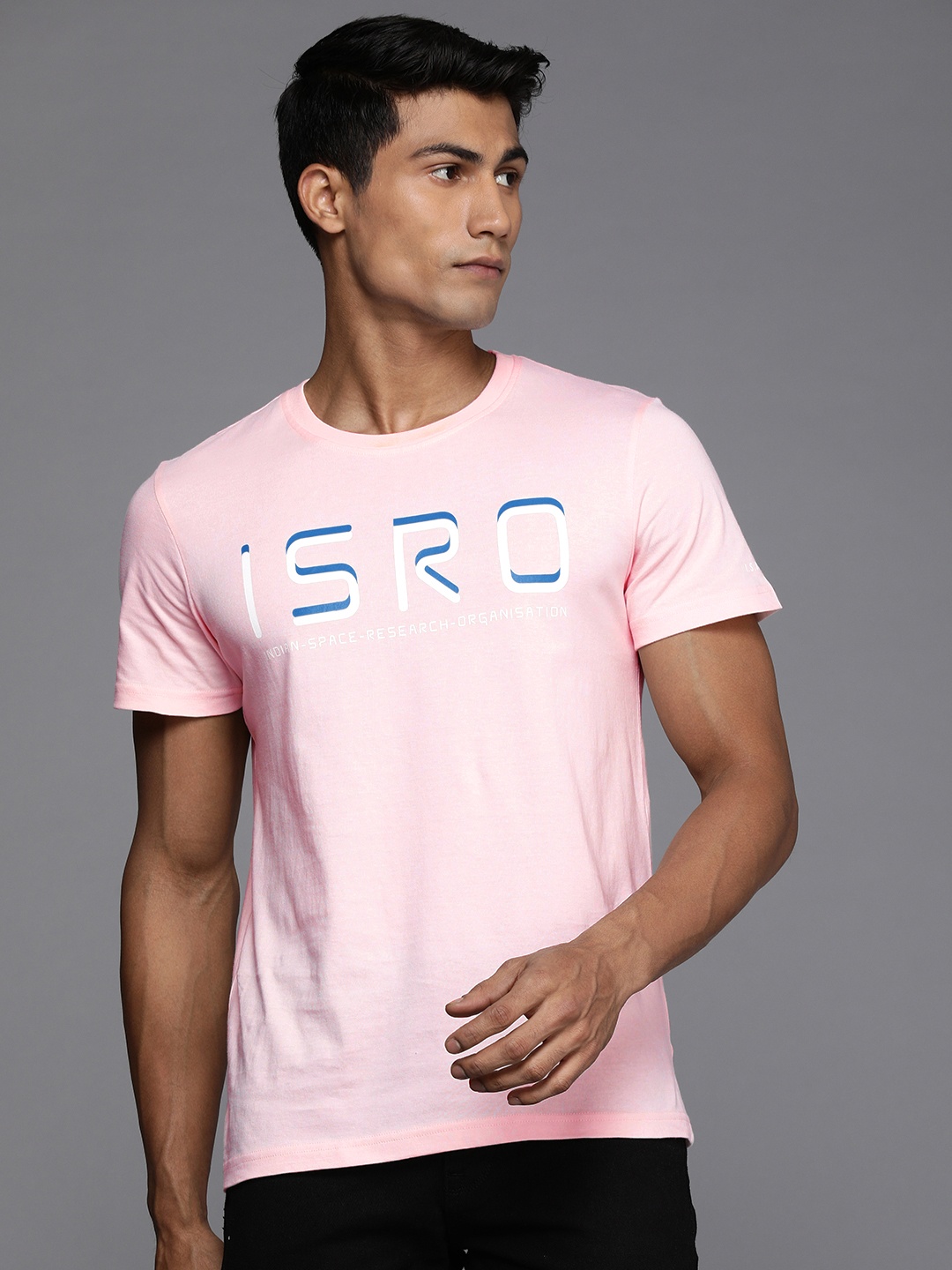 

WRONG X ISRO by A47 Men Pink Pure Cotton Typography Printed Slim Fit T-shirt