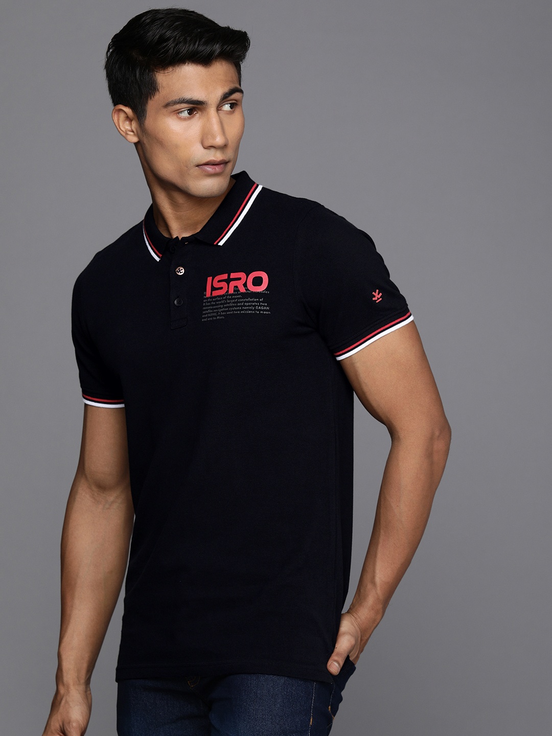 

WRONG X ISRO by A47 Men Black Pure Cotton Typography Printed Polo Collar Applique Slim Fit T-shirt