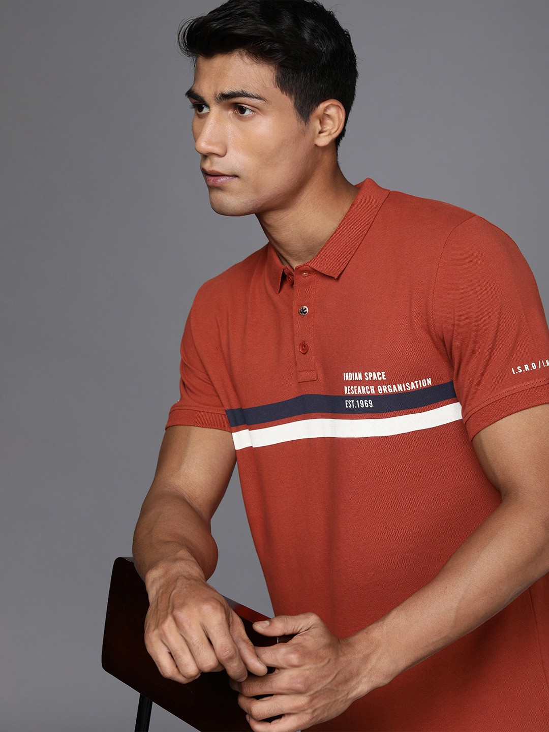 

WRONG X ISRO by A47 Men Rust Pure Cotton Typography Striped Polo Collar Slim Fit T-shirt