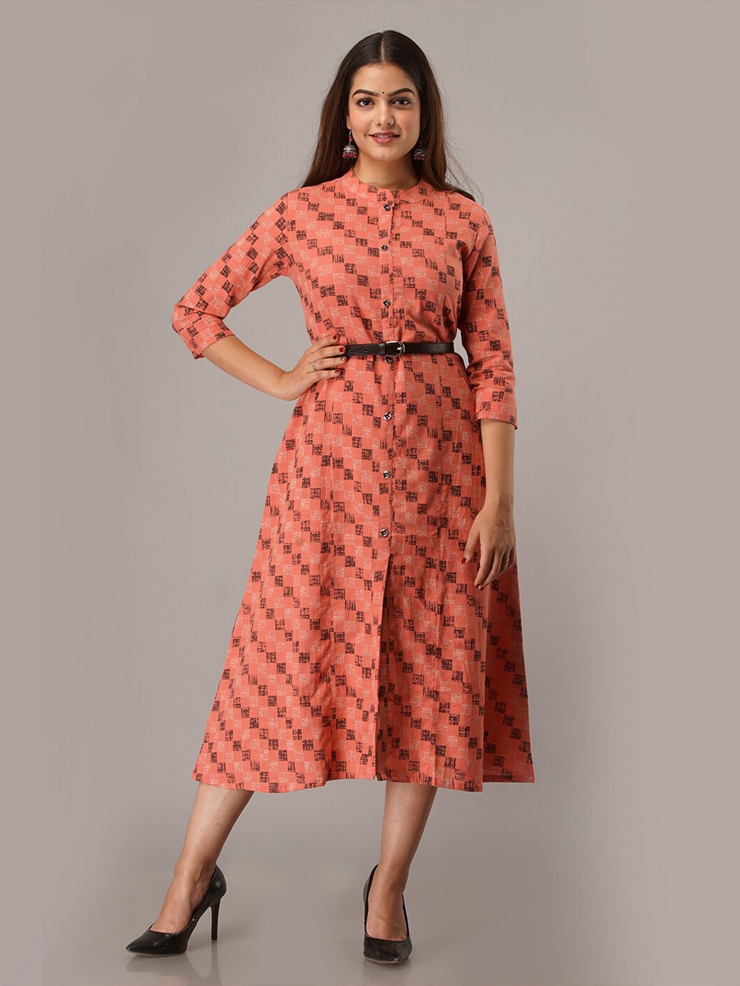 

FABRIC FITOOR Peach-Coloured & Brown Printed Cotton A-Line Midi Dress