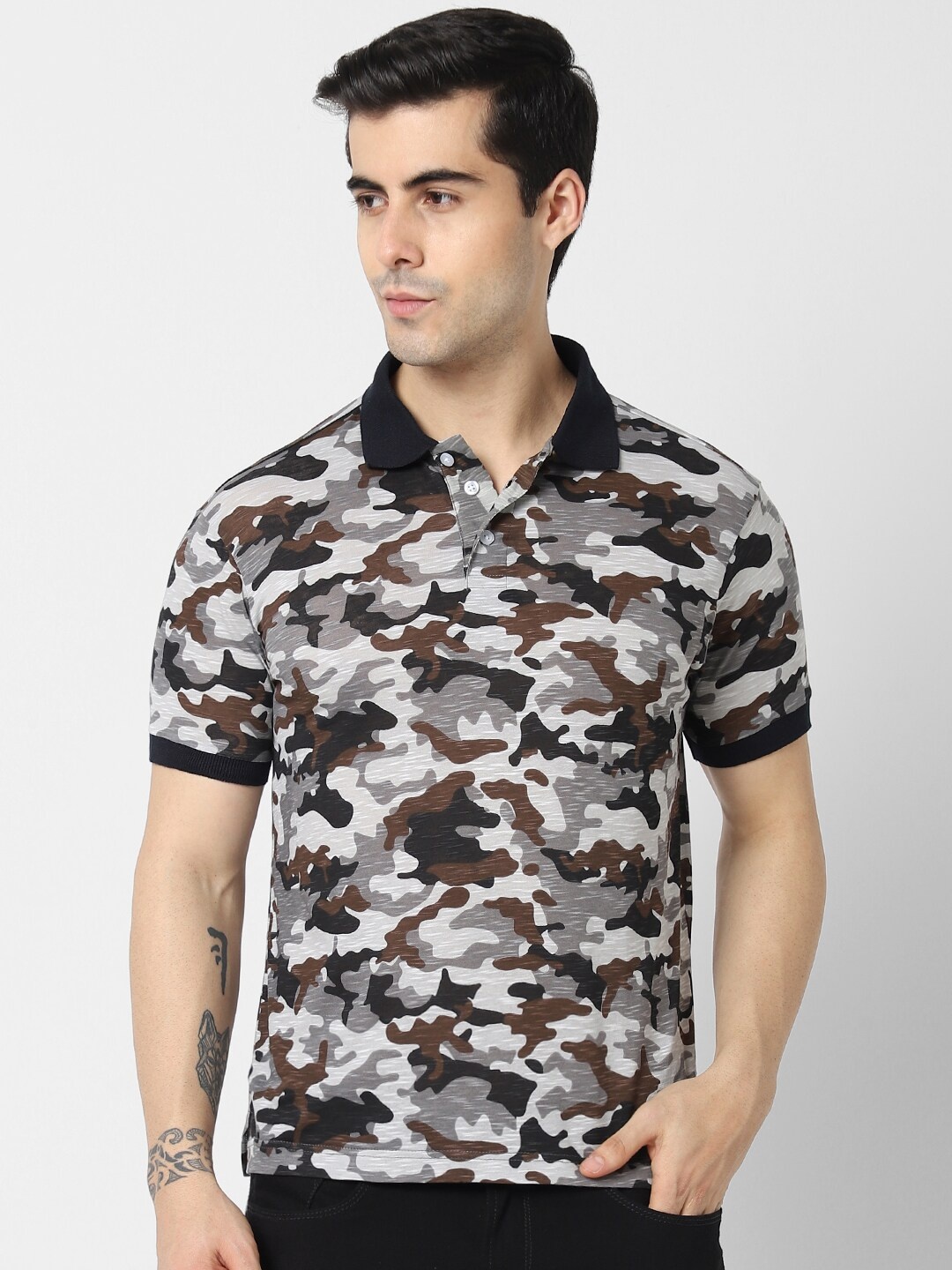

VASTRADO Men Black & Brown Camouflage Printed Polo Collar Cotton T-shirt