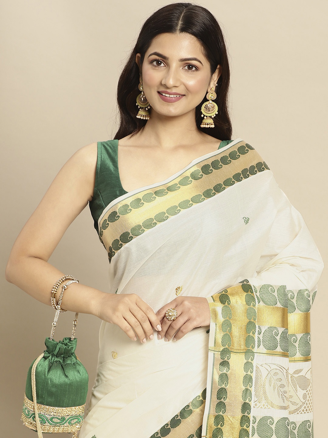 

Thara Sarees White & Green Woven Design Kasavu Saree