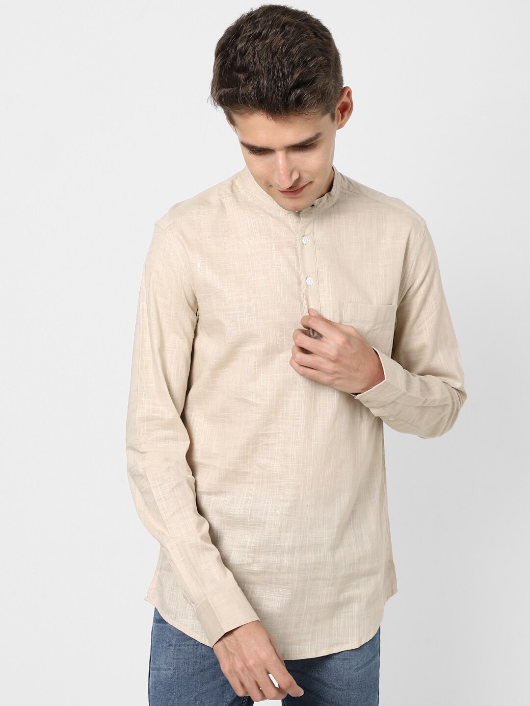 

VASTRADO Mandarin Collar Straight Cotton Kurta, Beige