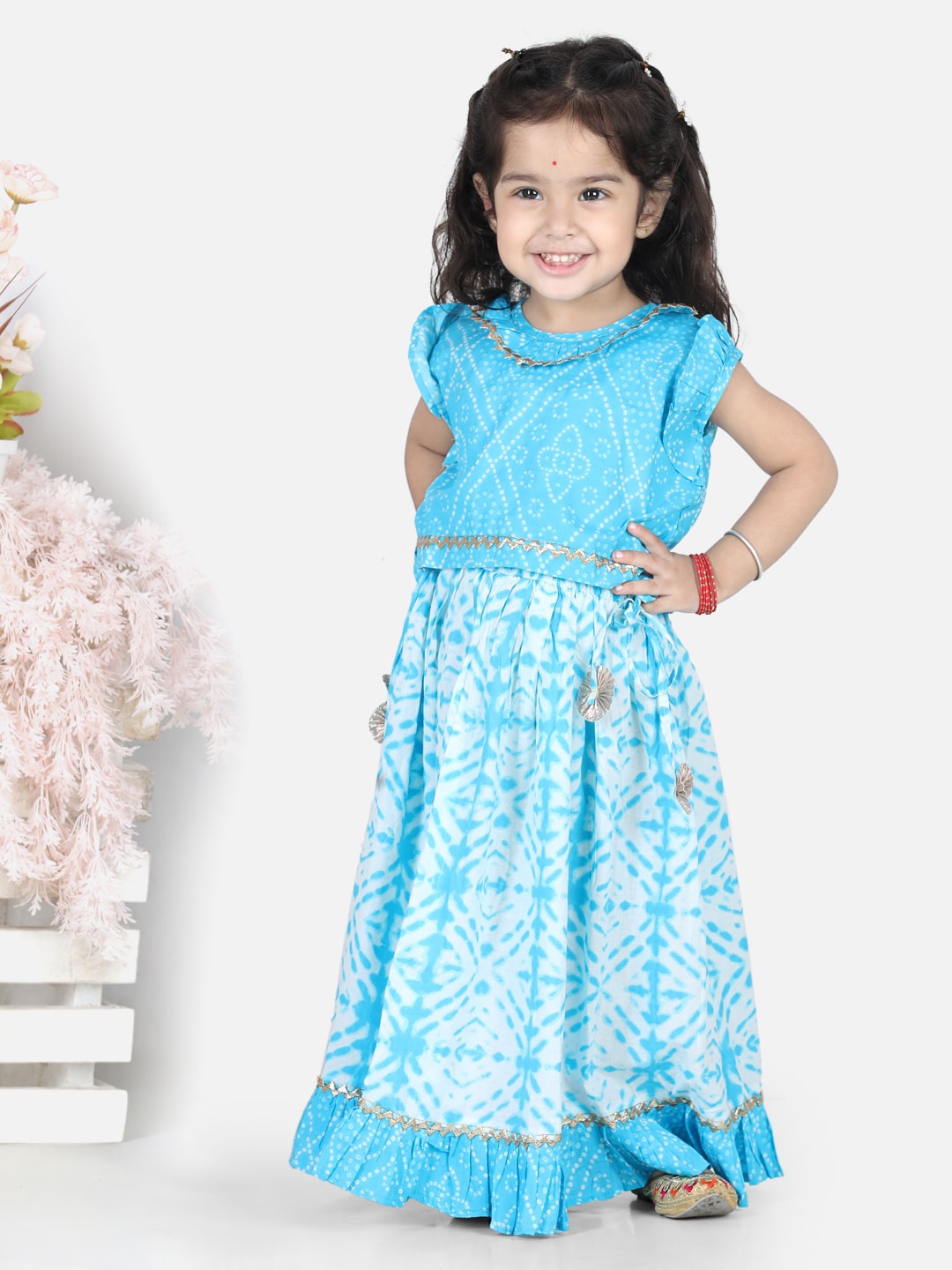 

BownBee Girls Blue & White Printed Khari Ready to Wear Cotton Lehenga Choli