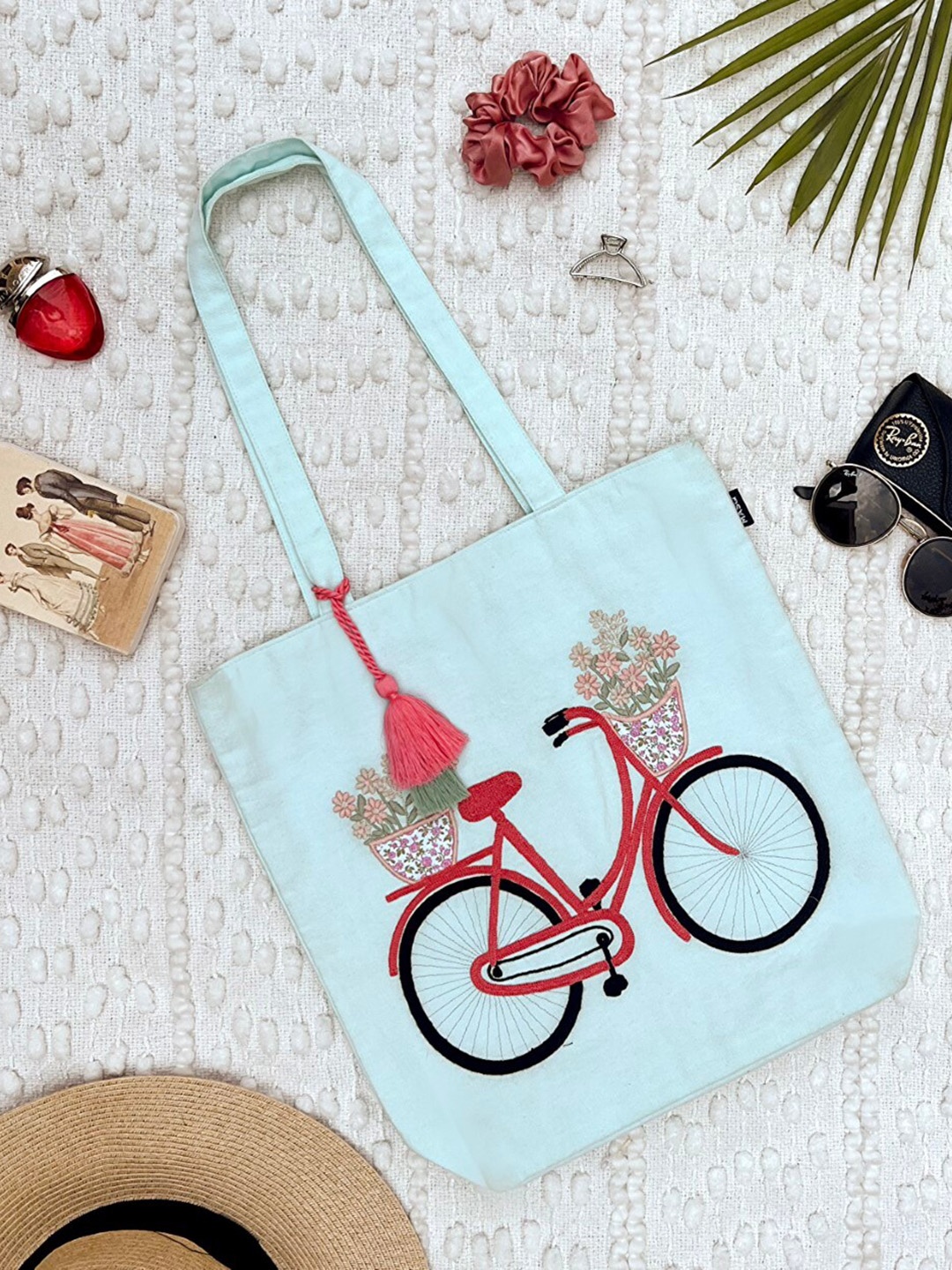

MASQ Blue Printed Tote Bag with Tasselled