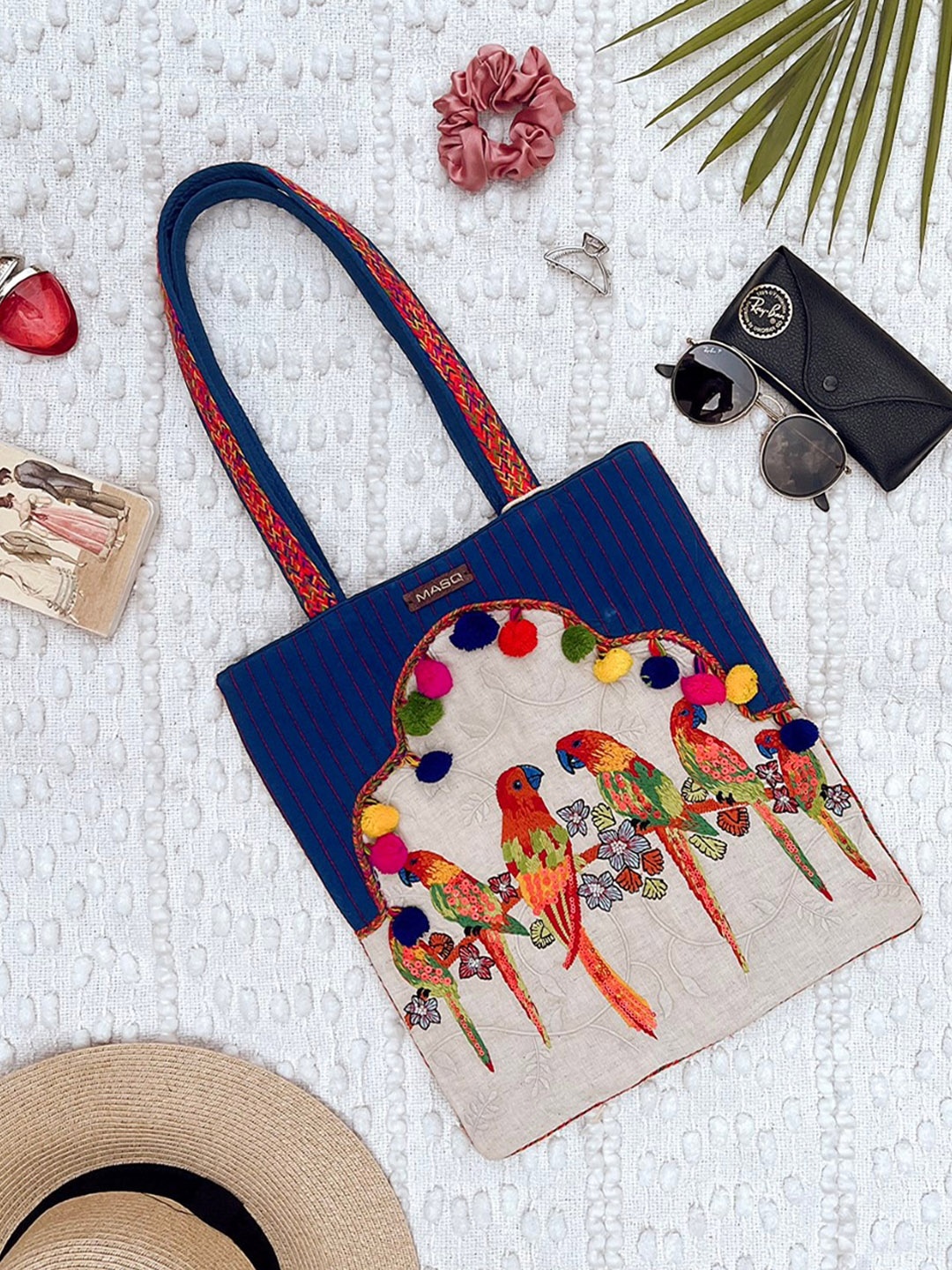 

MASQ Off White & Blue Shopper Shoulder Bag with Tasselled