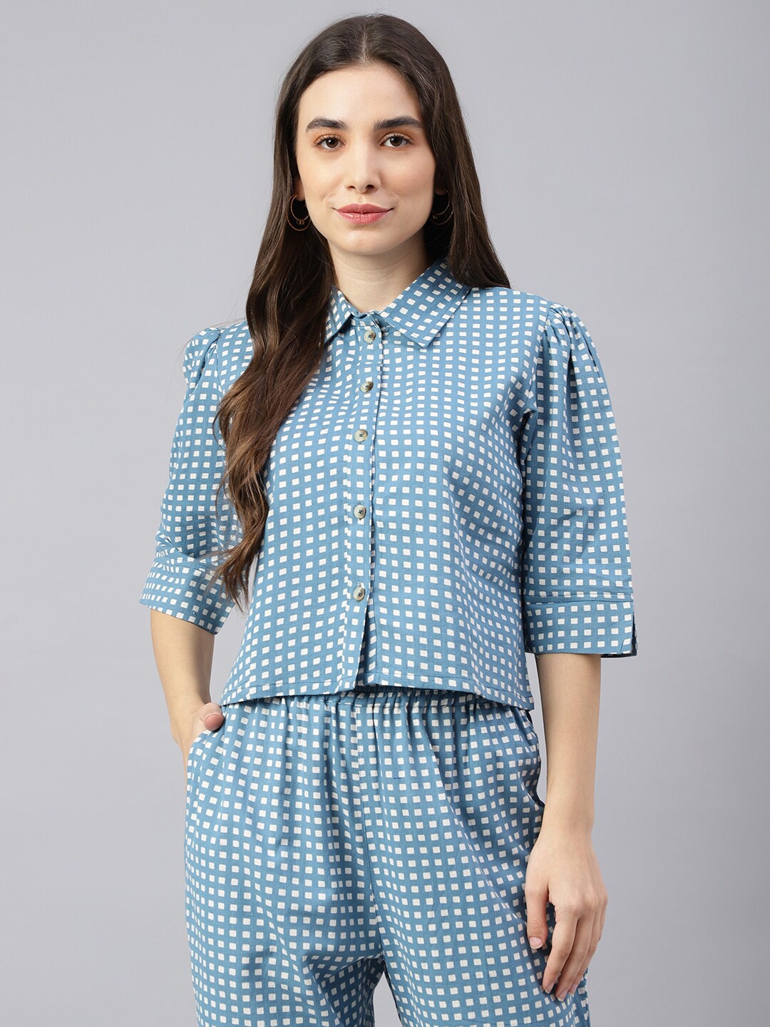 

DECKEDUP Women Blue & White Printed Shirt with Trousers