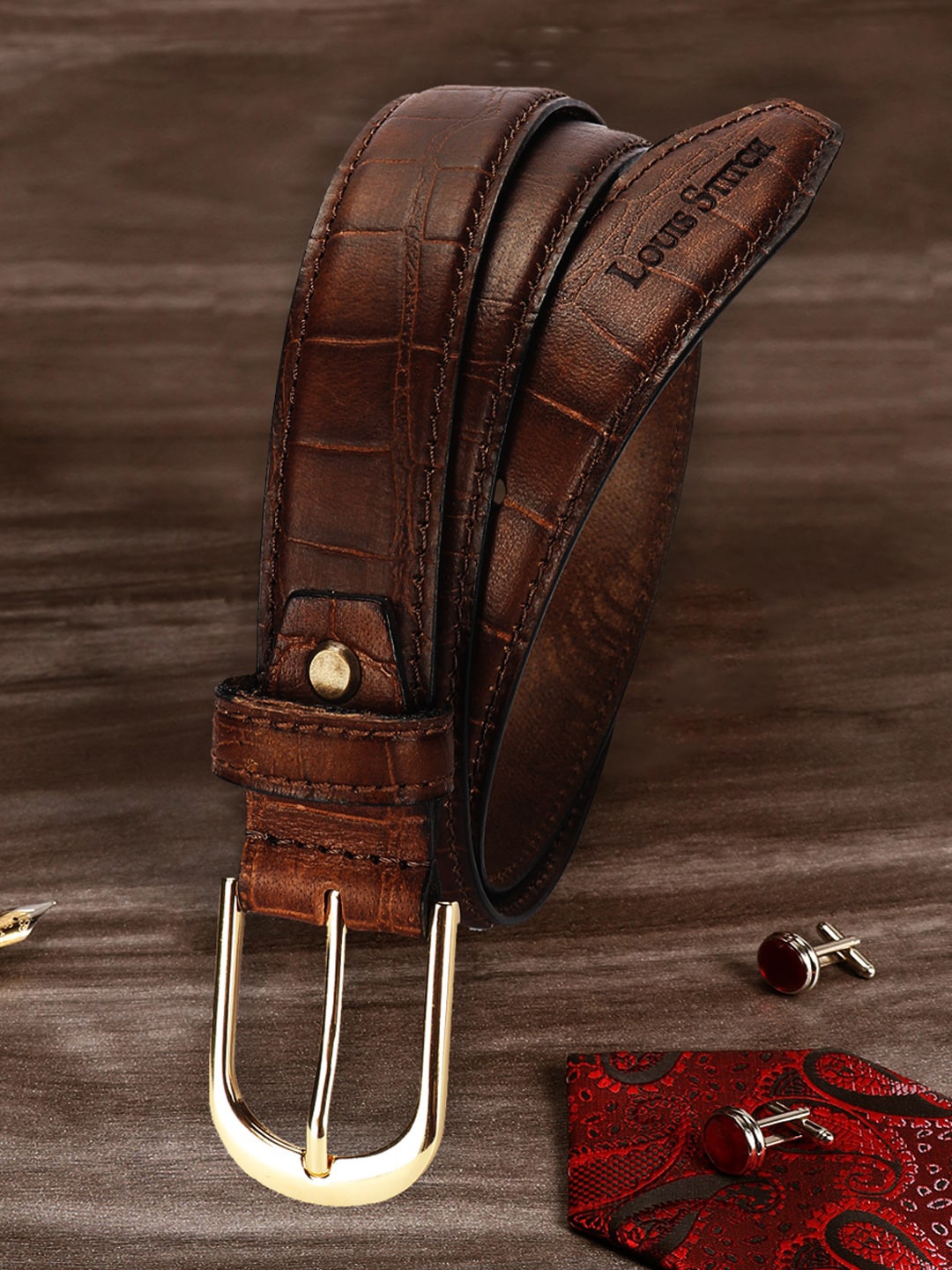 

LOUIS STITCH Men Set Of 2 Tan Colored Textured Italian Leather Accessory Gift Set, Brown