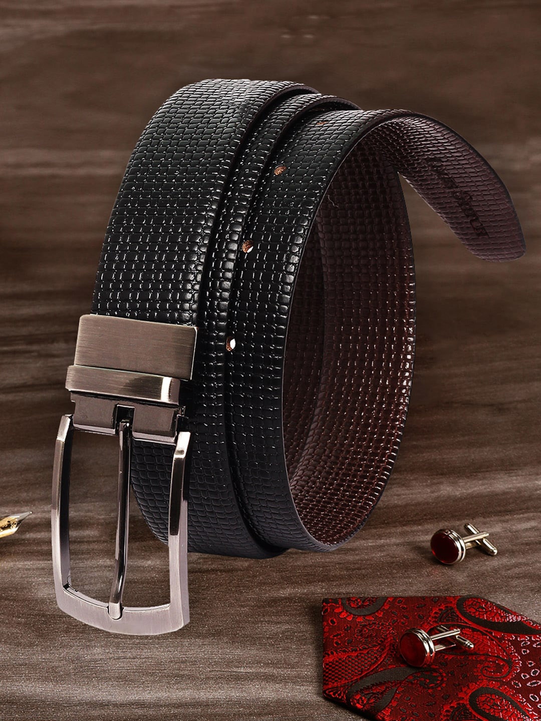 

LOUIS STITCH Men Brown & Black Textured Genuine Italian Leather Accessory Gift Set
