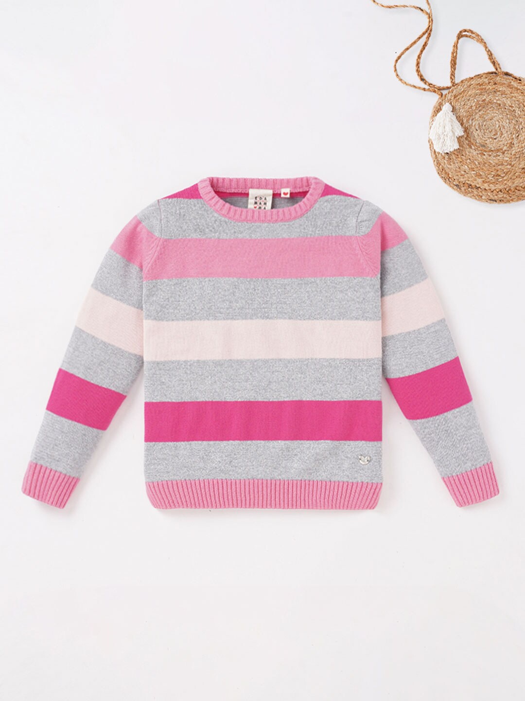 

Ed-a-Mamma Girls Pink & Grey Striped Cotton Round Neck Pullover