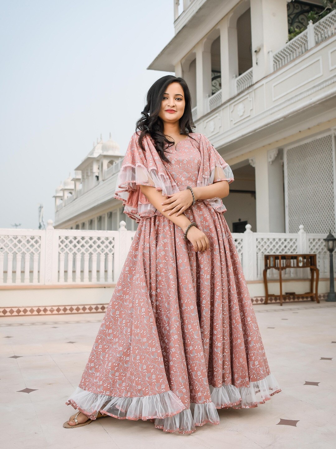 

Indian Virasat Women Peach & Grey Cotton Maxi Dress