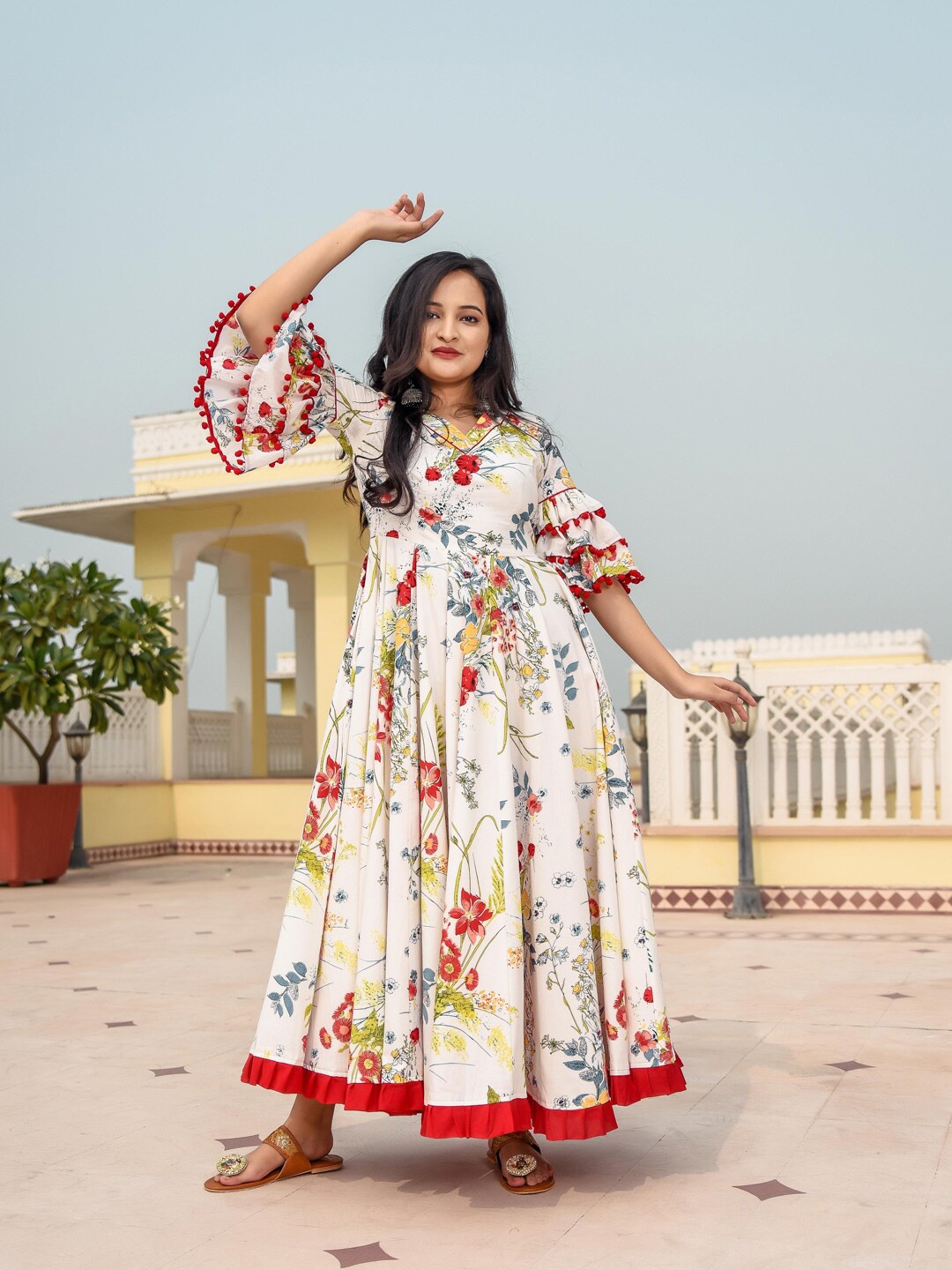 

Indian Virasat Women White Floral Maxi Cotton Dress