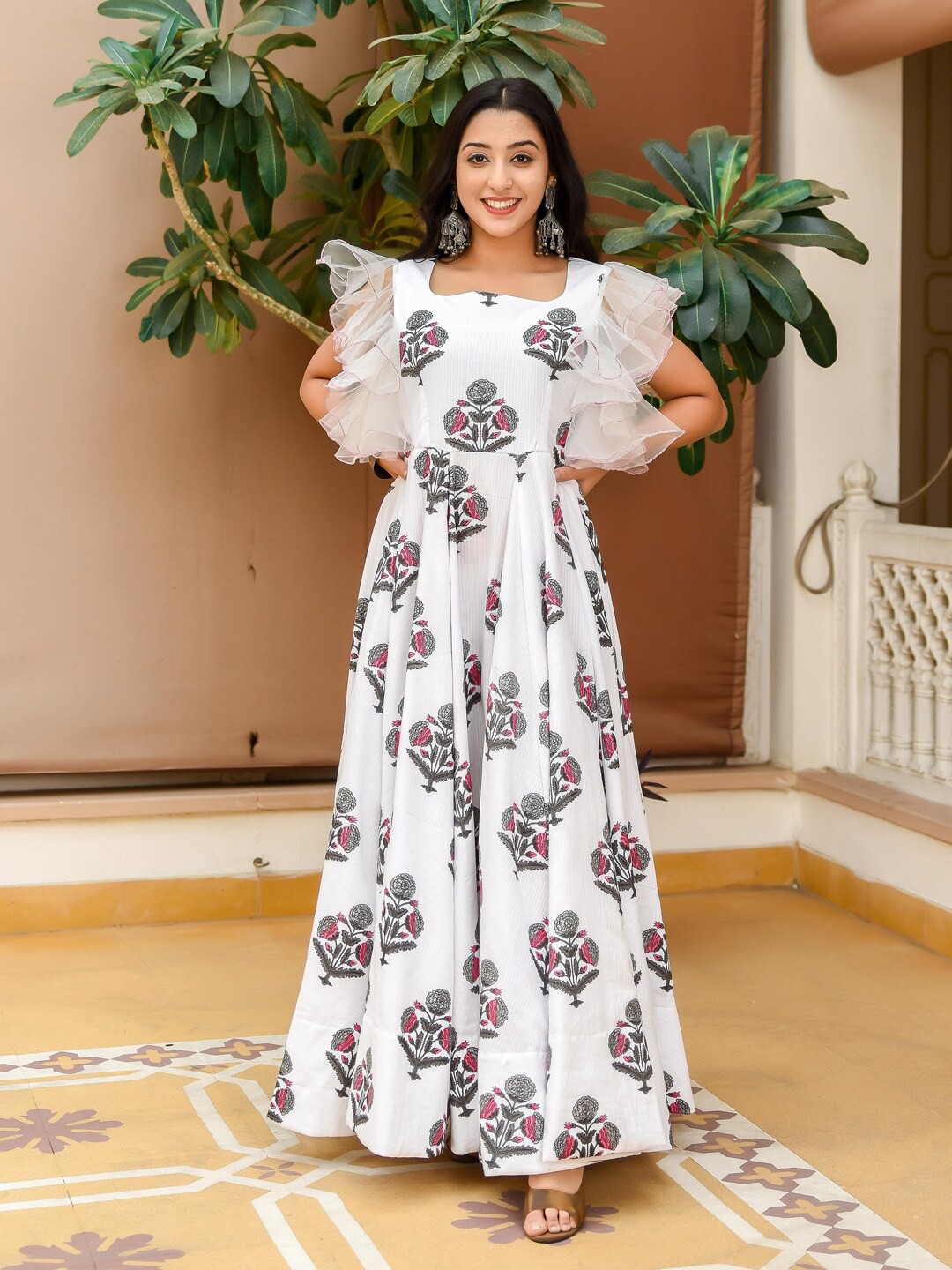 

Indian Virasat Women White Floral Maxi Cotton Dress