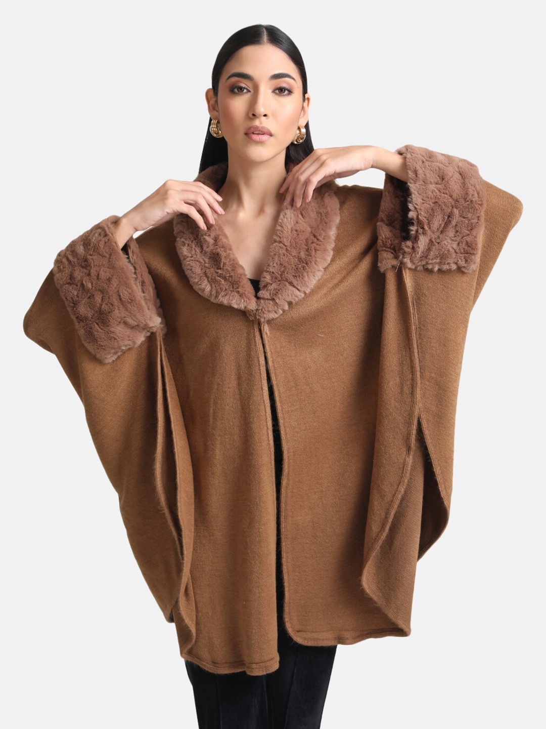 

Kazo Women Brown Longline Poncho with Fuzzy Detail Sweater
