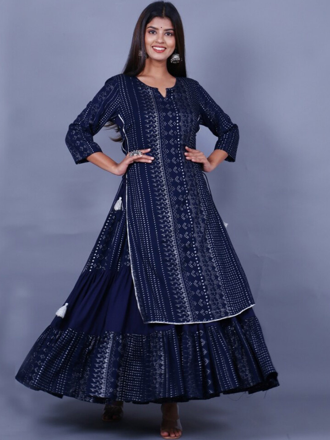 

HERE&NOW Ethnic Motifs Printed Anarkali Layered Kurta, Navy blue