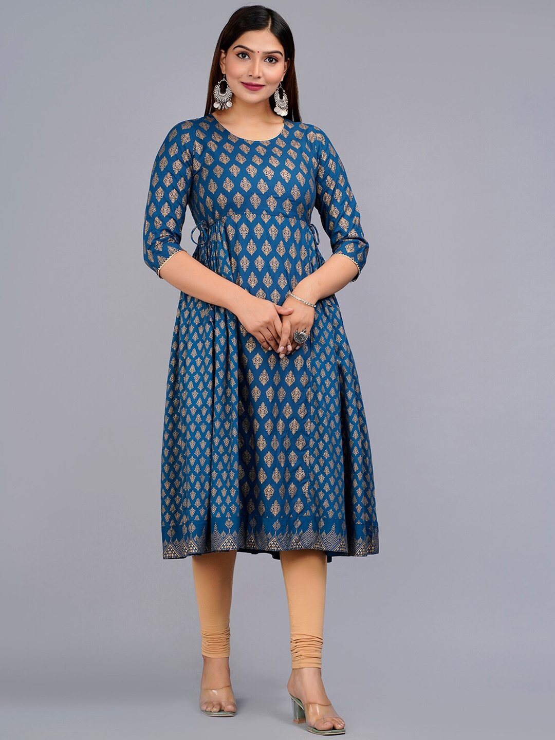 

HERE&NOW Ethnic Motifs Printed Anarkali Empire Kurta, Navy blue