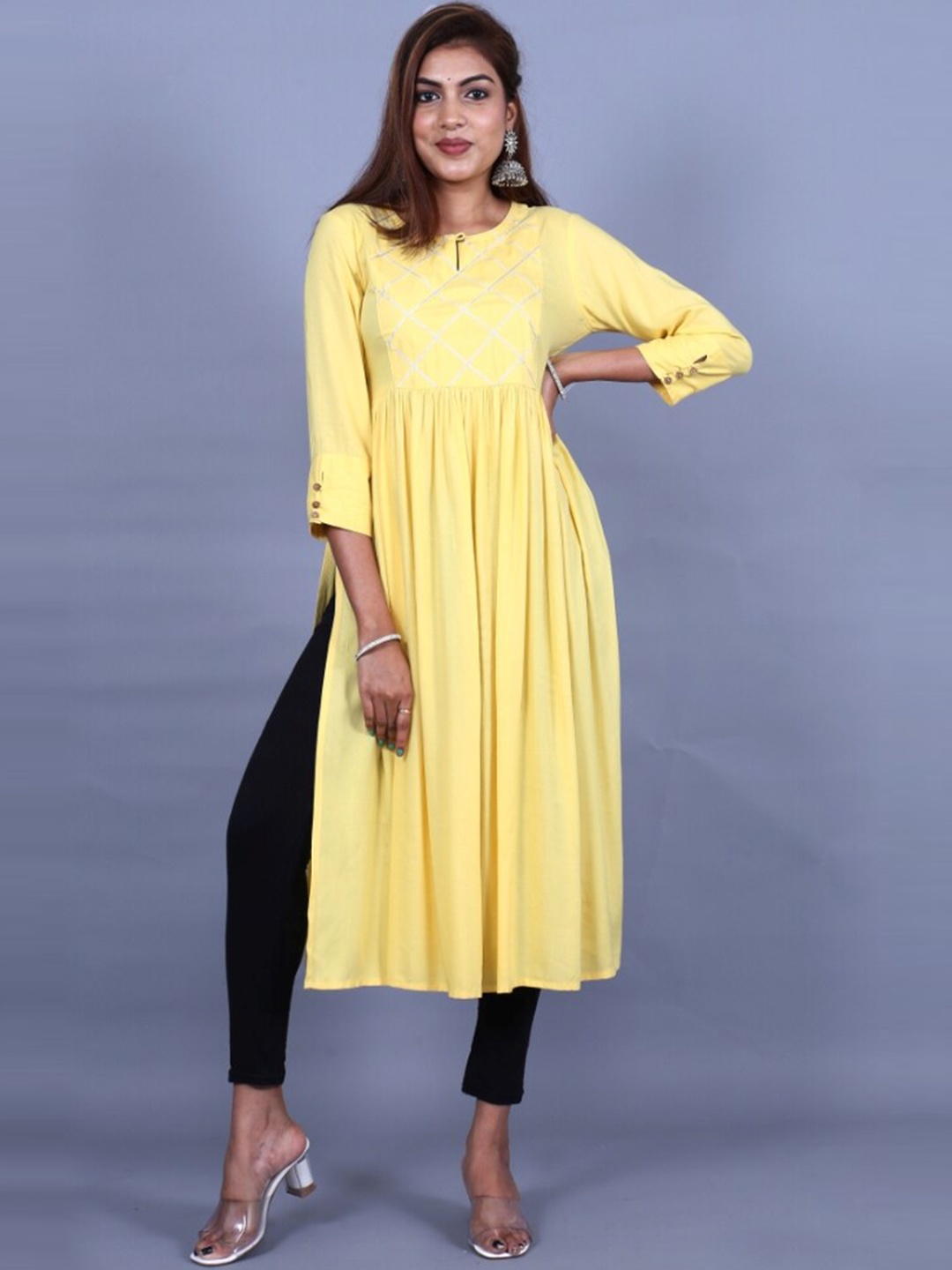 

HERE&NOW Yoke Design Keyhole Neck Gotta Patti Straight High Slit Kurta, Yellow