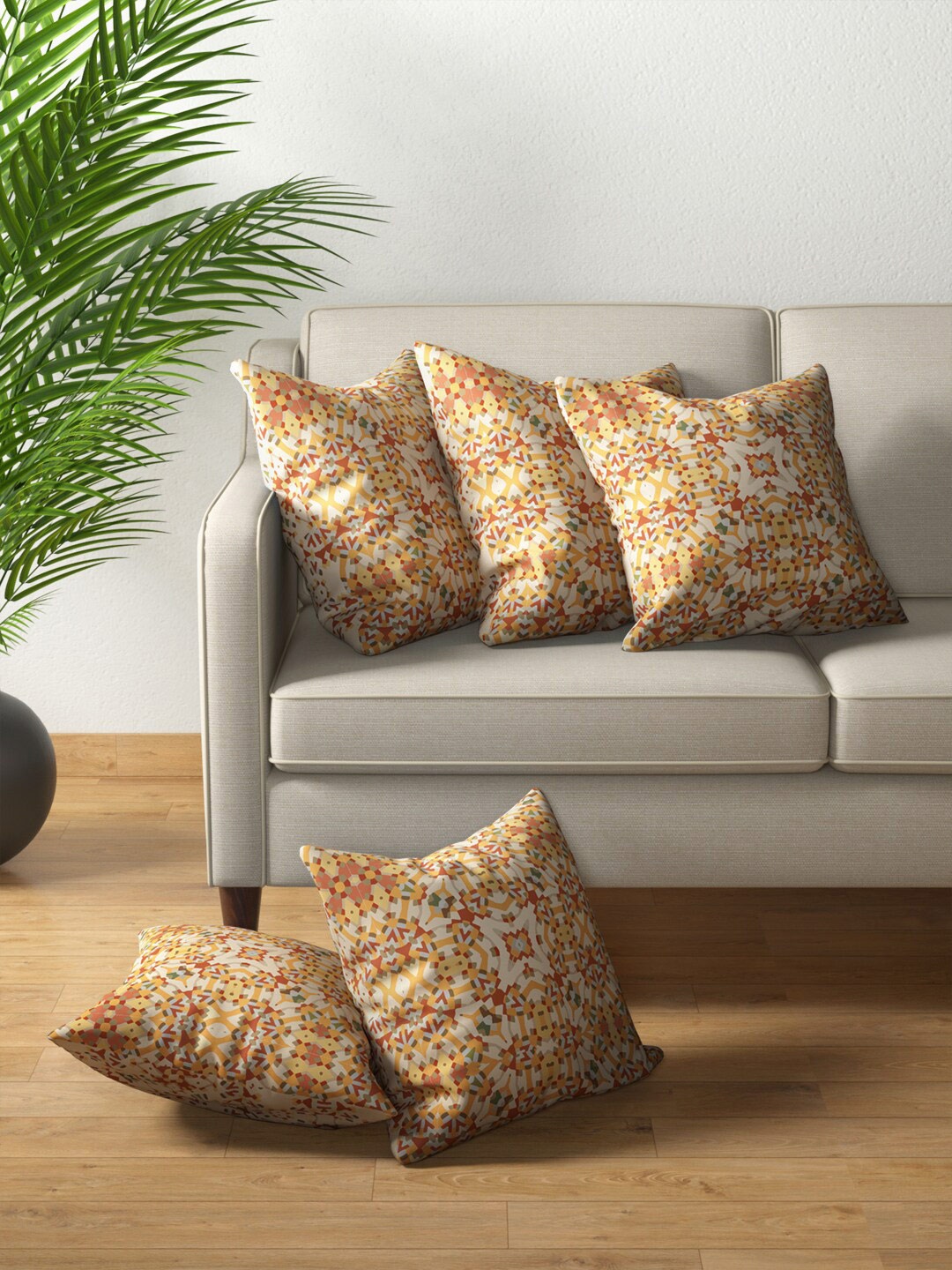 

PETAL HOME Set of 5 Yellow & White Ethnic Motifs Square Cotton Cushion Covers