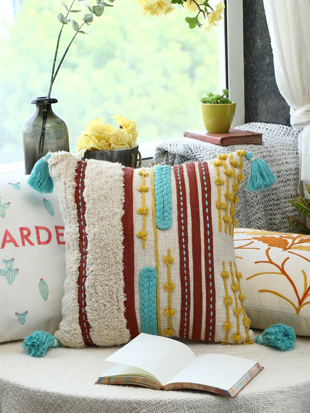 

HERE&NOW Beige & Brown Embroidered Square Cotton Cushion Cover