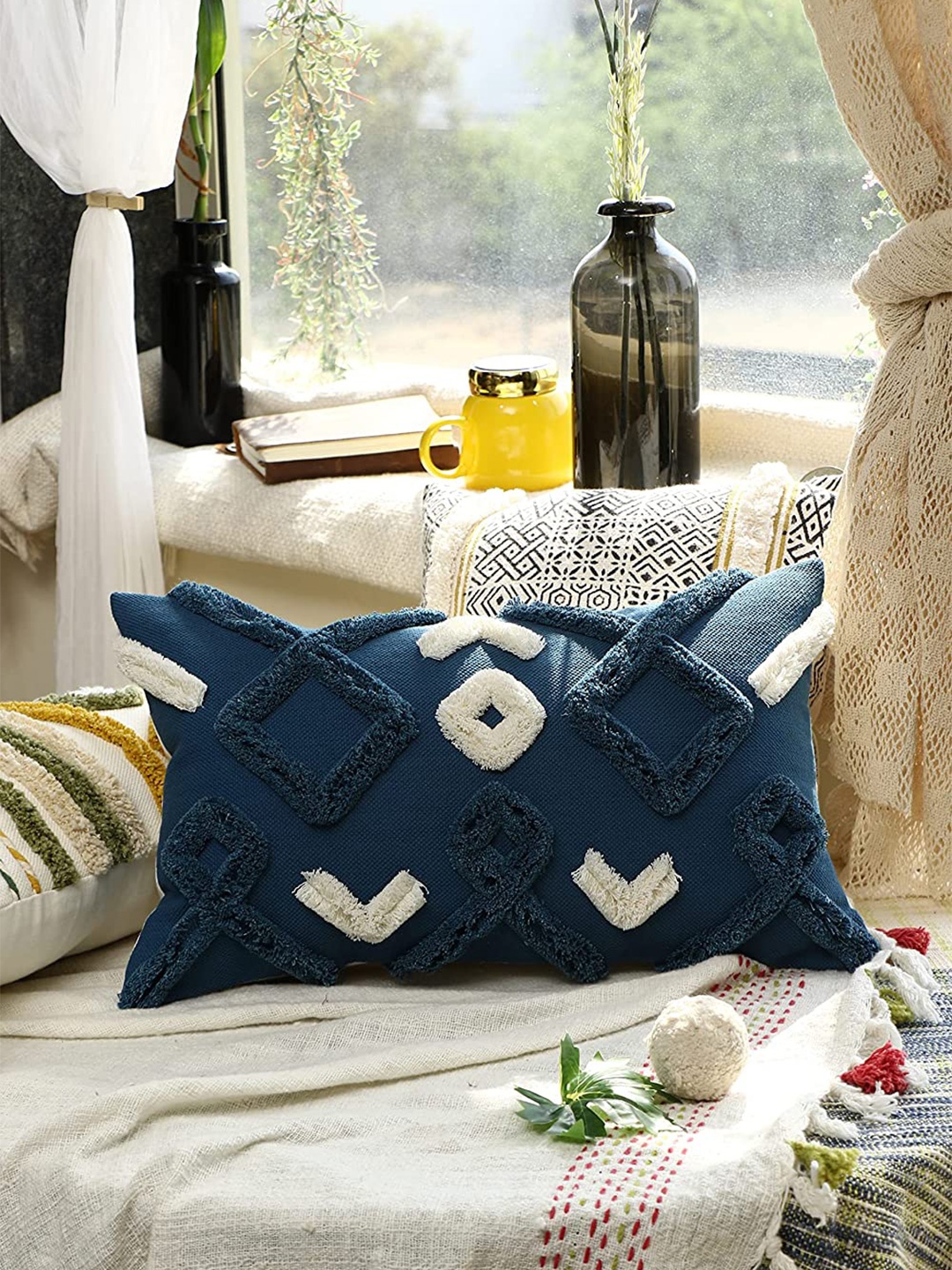 

HERE&NOW Navy Blue & White Rectangle Cotton Cushion Cover