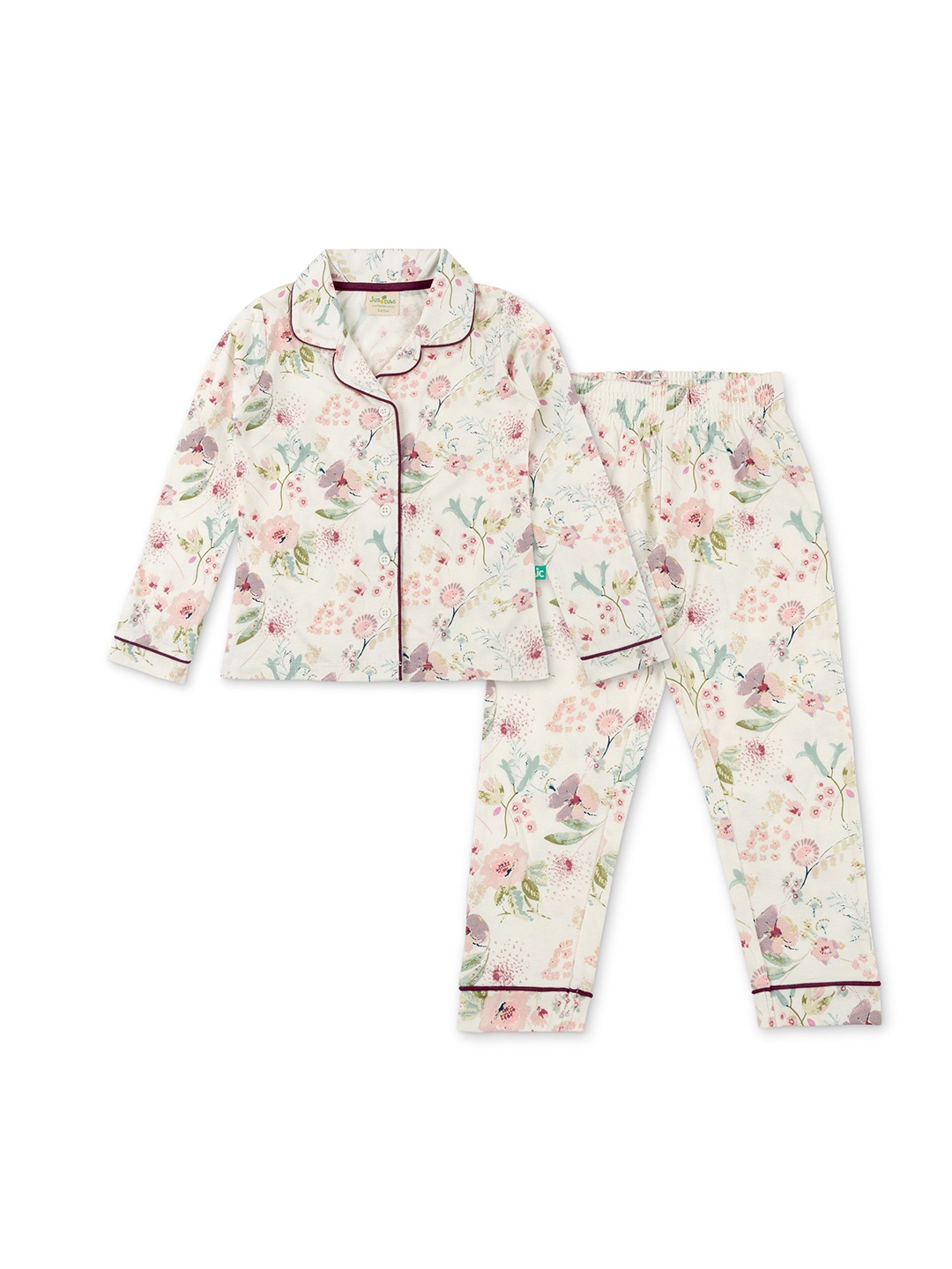 

JusCubs Girls Cream-Coloured & Pink Floral Printed Pure Cotton Night suit