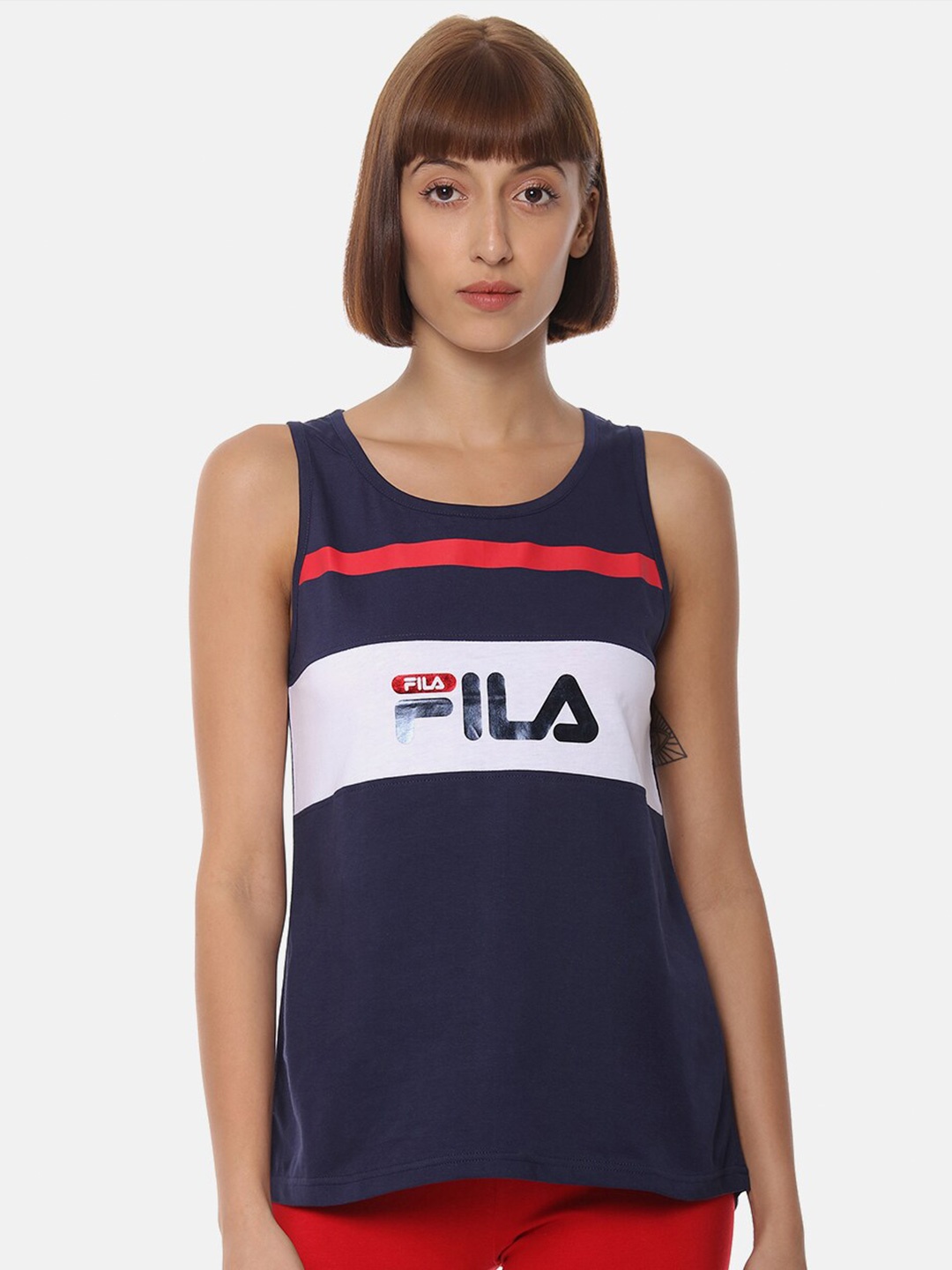 

FILA Navy Blue & White Colourblocked Block Print Sleeveless Tank Top